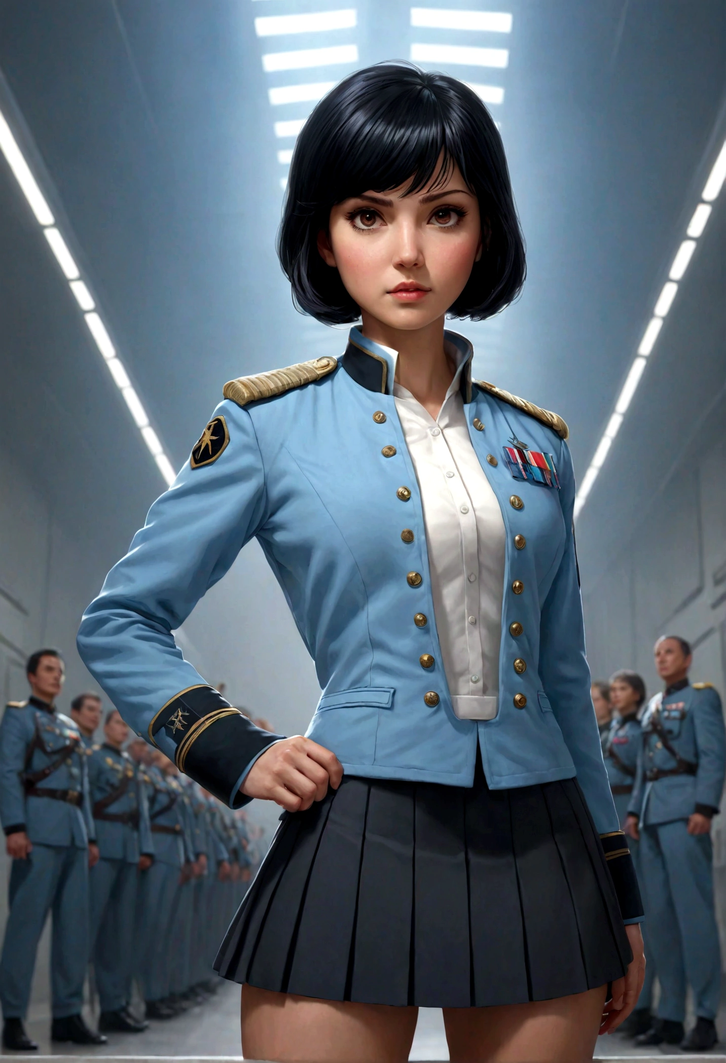 (Maximum resolution, clearly_image), best quality, masterpiece, Very detailed, Semi-realistic, Woman with black hair, Black pupil, Mature, Mature woman, Imperial sister, Sexy, short hair, Triple Bangs, Light blue uniform, Light blue jacket, Soldier, Light blue pleated skirt, Uniform, Fighter Front, future, Science fiction, universe