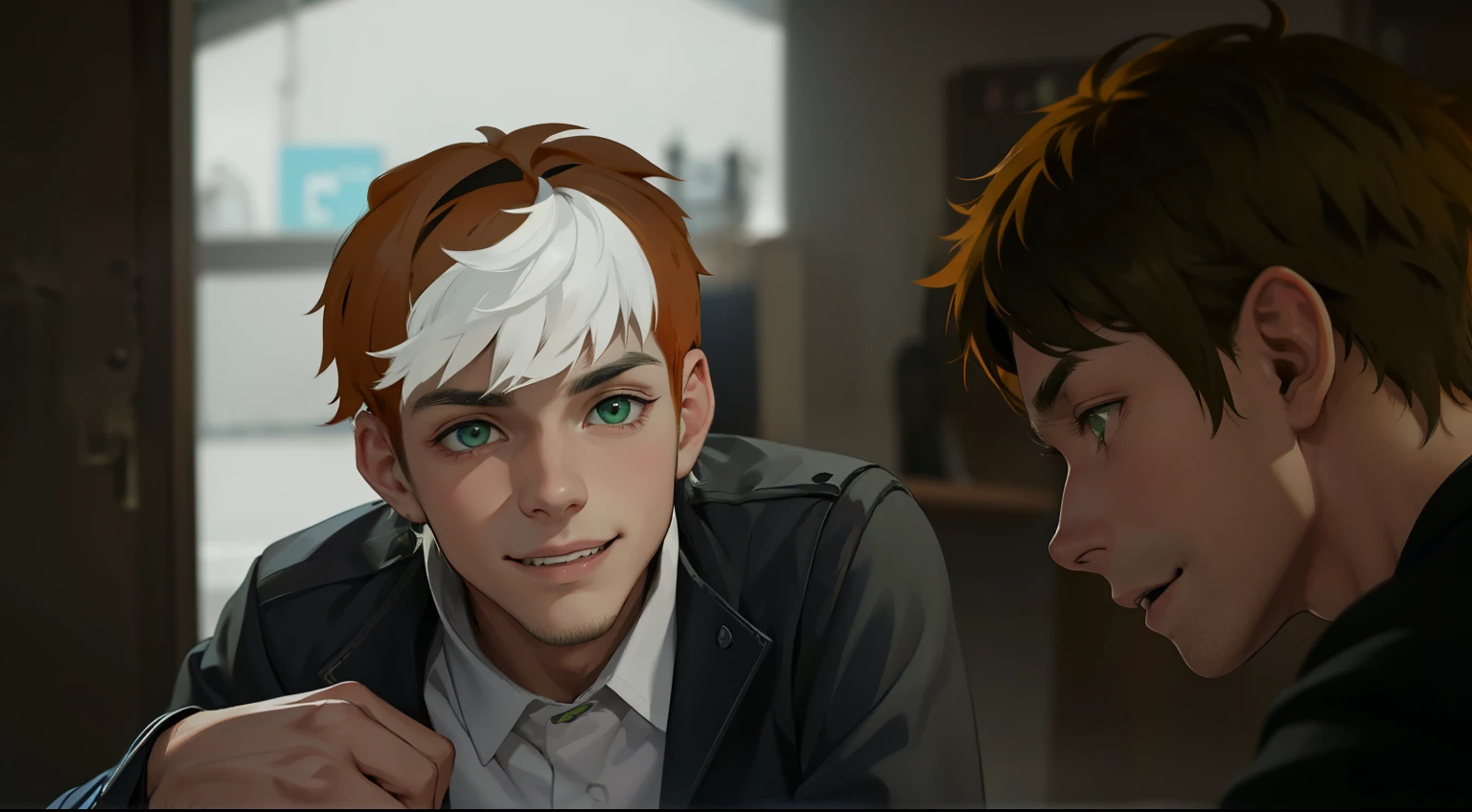 se estan mirando alos ojos, cute young man, 17 years old, hair with white streaks, green eyes, smile, mischievous look