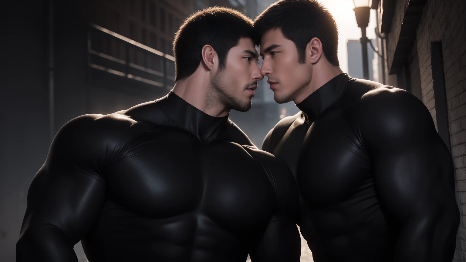 Super muscular man hugging and kissing,  Open mouth and scream，Look at each other affectionately，They hugged each other affectionately，Buzz Cut，On the old-style outdoor street under the hot sun, Wear a long-sleeved, deep turtleneck bodysuit, Thickened warm elastic texture，Clothes are very dirty with mud stains，The expression is arrogant, Thick thighs, Messy hair, Thick thighs, High-necked long-sleeved dark yellow high-necked tights, very tight, Regular symmetrical pattern, Highlight muscles, Police uniform pants, character concept（Resident Evil - Chris Redfield, Chris Redfield）A proud expression, Deep and charming eyes, Heroic male pose, tall Burly, muscular！muscular thighs, tough guy, perfect facial features, High, Burly, Heqiang, Super polished and cool, High Resolution Committee, Charismatic, The sun is blazing, dazzling