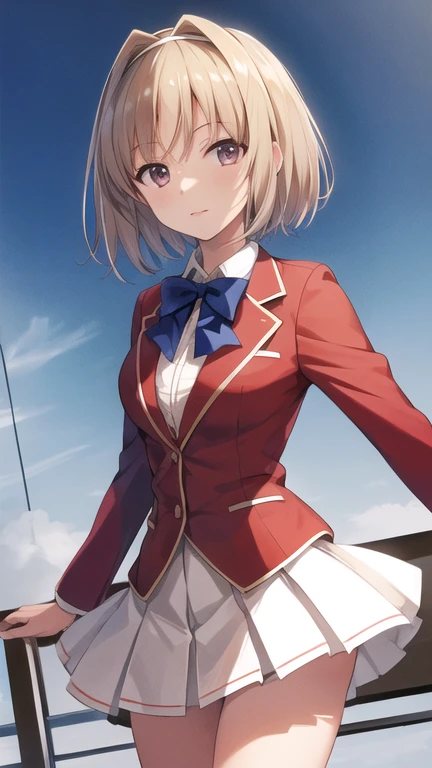 masterpiece, best quality, highres, Kushida Kikyou, short hair, hair intakes, white hairband, blue bowtie, collared shirt, blazer, red jacket, long sleeves, white skirt, pleated skirt, black socks, cowboy shot, standing, outdoors, straight-on, arms at sides,