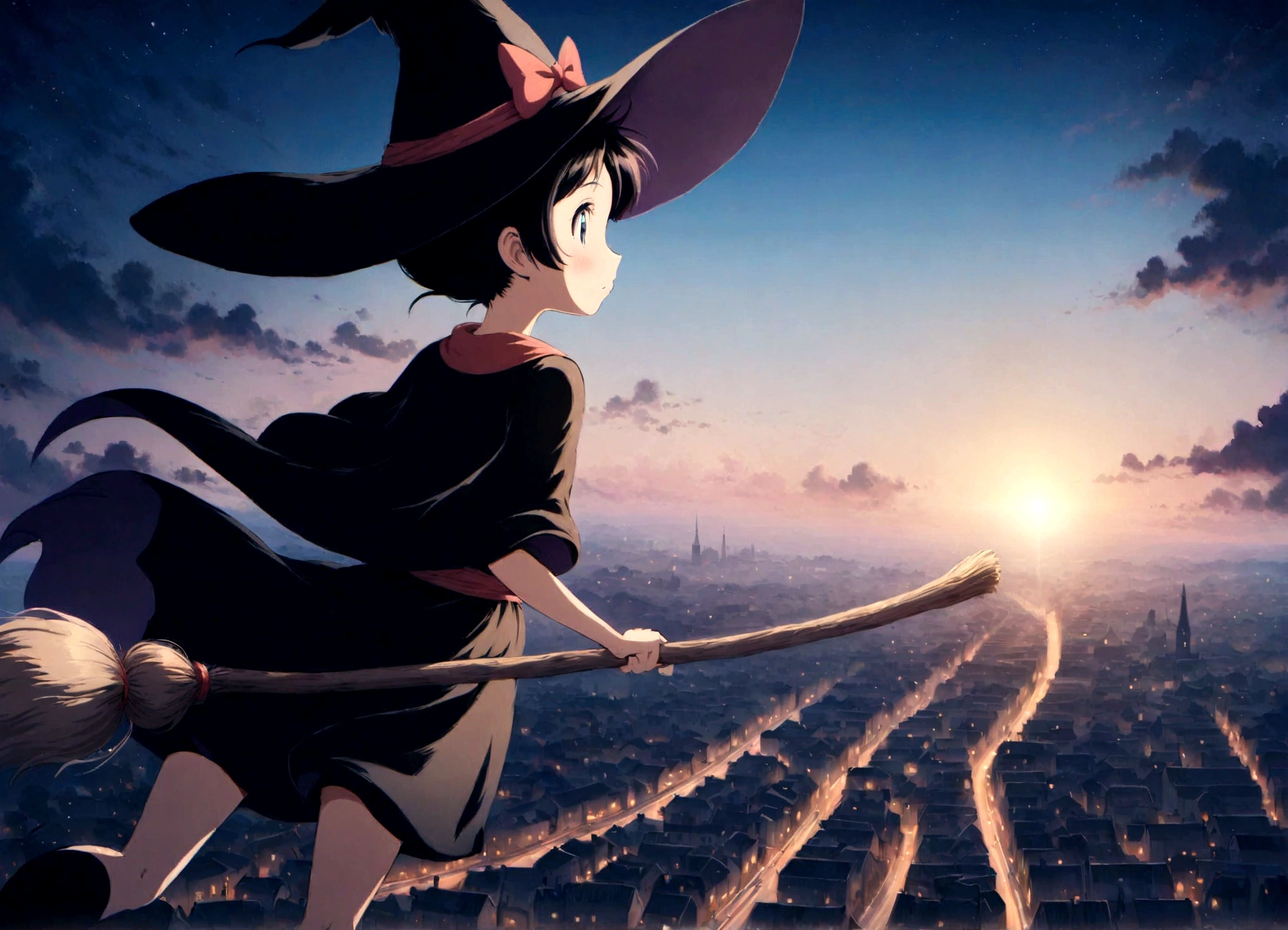Kiki the Witch's Delivery Service、Flying on a broom over a beautiful city。hayao miyazaki style、ID SHOT