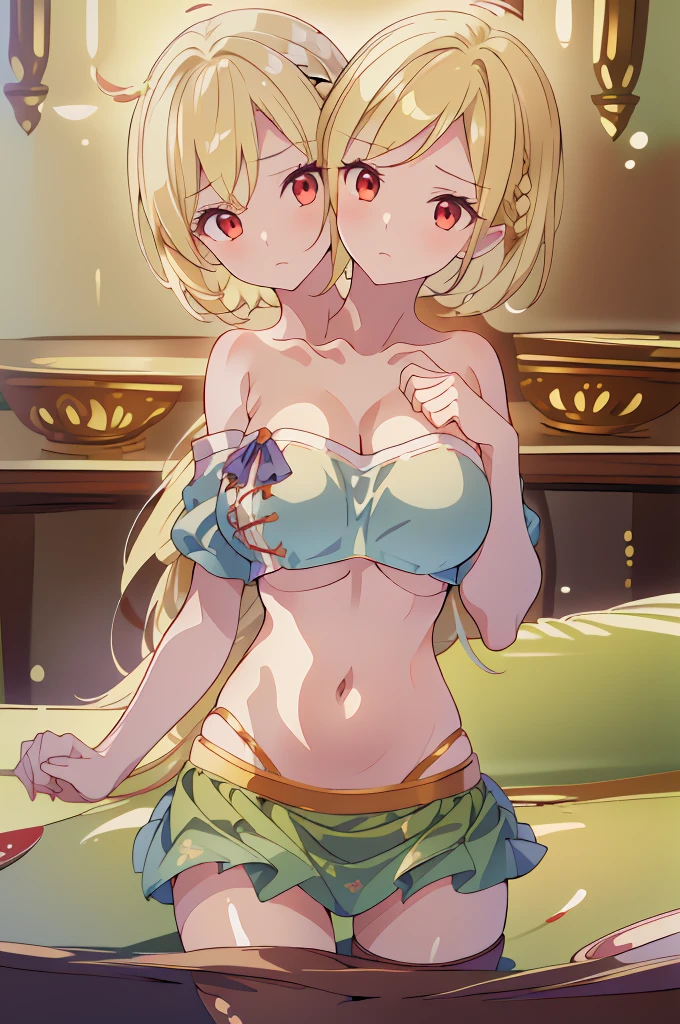 (masterpiece, best quality), best quality, best resolution, (ultra-detailed), (3heads:1.5), 1girl, (kicchou yachie:1.3), masterpiece, best quality, ultra quality, ultra resolution, ultra detail, blue top, crop top, ((stomach)), midriff, ((groin)), blue skirt, normal ears, shackles, blonde hair, very long hair, wavy hair, sidelocks, red eyes, parted lips, dragon horn, sweat, cute, toned belly, hand on own chest, eyelashes, (24 year old woman:1.3), (masterpiece:1.5), (best quality:1.5), (beautiful detailed), extremely detailed CG, extremely delicate and beautiful, depth of field, (finely detailed face), (perfect details:1.2), (mature female:1.3), wide pelvis, slender, large veiny breast, 16k resolution, highres, very high quality, very high definition, extremely detailed, masterpiece, best quality, blonde hair, long hair, alluring presence, braid, short skirt, close up, big tits, young, dragon girl, dragon horns, dragon tail, tail,