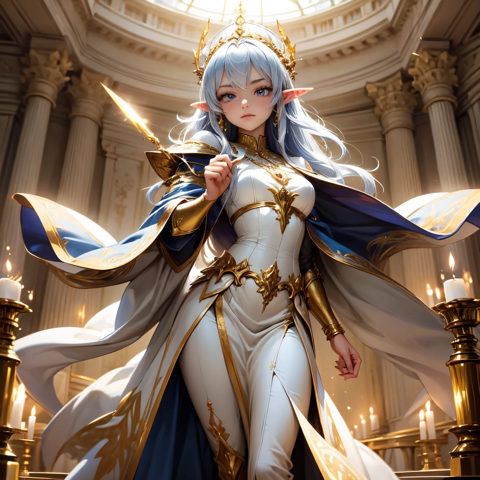 Crie uma imagem digital ultra HD de 8K de uma majestosa princesa elfa de cabelos dourados, longos e ondulados, vestida com trajes de realeza, in the castle ballroom. A princesa tem olhos azuis e pele clara. She is dressed in a royal blue velvet robe with gold and silver trim., Adorned with magical jewels that glow softly. Ela usa uma coroa de ouro com pedras preciosas, gold bracelets on her wrists and a magical amulet around her neck. Sword is made of celestial gold and emits golden rays, with divine inscriptions along the blade that shine brightly. The hilt of the sword is adorned with small rays and lightning., simbolizando seu poder supremo. She holds the sword in a pose of grace, pronta para defender seus convidados, while electric sparks dance around you. The Sword of Zeus is known for its ability to control thunder and lightning, e uma aura de poder divino emana dela. The party room is grand, decorado com candelabros de cristal, luxuriously set tables and a polished dance floor. Elegant tapestries and velvet curtains adorn the walls, while elf musicians play enchanting melodies. Lustres de cristal pendem do teto, refletindo a luz em milhares de fragmentos brilhantes. The image should capture the atmosphere of celebration and elegance of the ballroom, highlighting the princess's interaction with the Sword of Zeus.