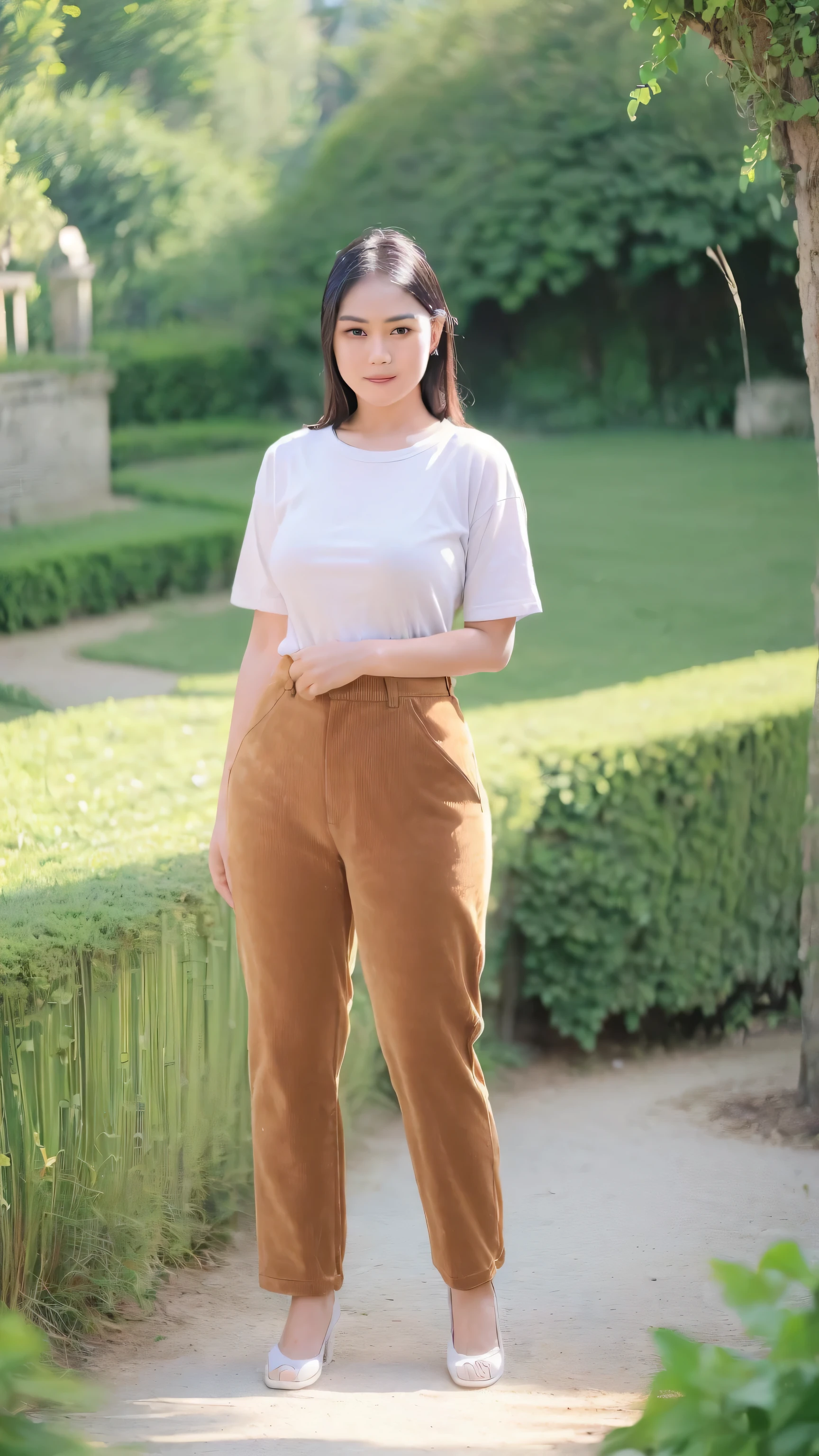 Indonesian adult woman, ((25years old)), ((wear oversized t-shirt, Corduroy trousers)), slim body, thick thighs, naughty smile, ((small breast, full body, ((masterpiece, highly detailed, highest quality, soft lighting, photo realistic, realistic face, realistic skin)), random pose, full body view, ((background in the garden of the house in the afternoon))