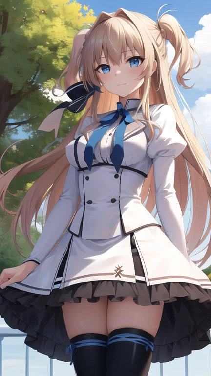 masterpiece, best quality, highres, 1girl, solo, long hair, blonde hair, two side up, (hair ribbon:1.1), blue eyes, neck ribbon, , white jacket, juliet sleeves, long sleeves, white skirt, thigh ribbon, black thighhighs, outdoors, cowboy shot, standing,