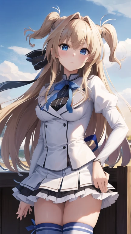 masterpiece, best quality, highres, 1girl, solo, long hair, blonde hair, two side up, (hair ribbon:1.1), blue eyes, neck ribbon, , white jacket, juliet sleeves, long sleeves, white skirt, thigh ribbon, black thighhighs, outdoors, cowboy shot, standing,