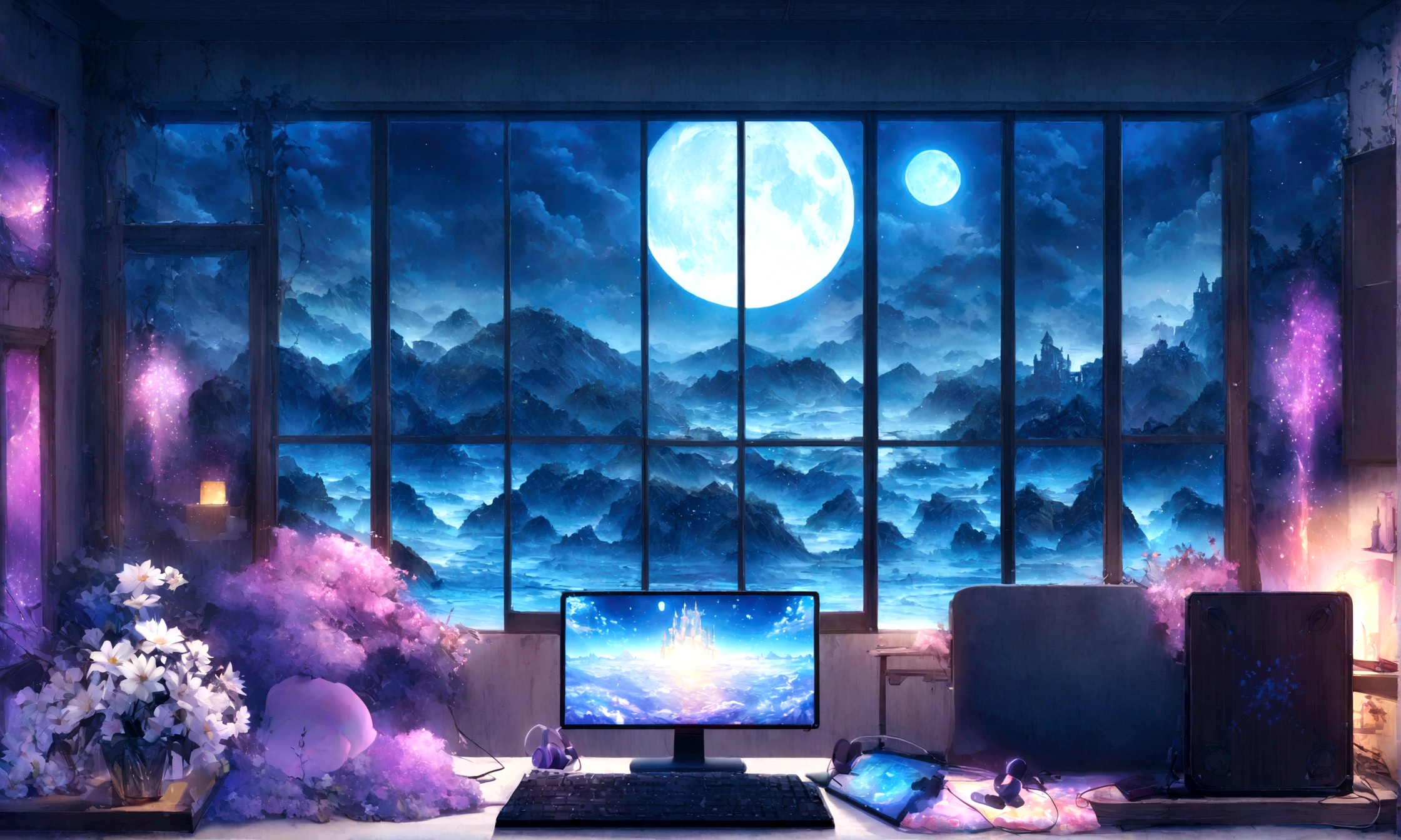 on the desk、No people、Tablet、liquid crystal、moon、PC Monitor、liquid crystalTablet、smartphone、wall、Dark atmosphere、Blue Neon、Blue Star、keyboard、Vocal Microphone、headphone、Large windows、scenery、white flowers and a laptop on a desk in front of a window, a digital painting inspired by Uragami Gyokudō, pixiv contest winner, magical realism, magic lab background, magical background, background art, personal room background, random background scene, anime background art, cozy cafe background, fairy tale style background, background artwork, mobile game background