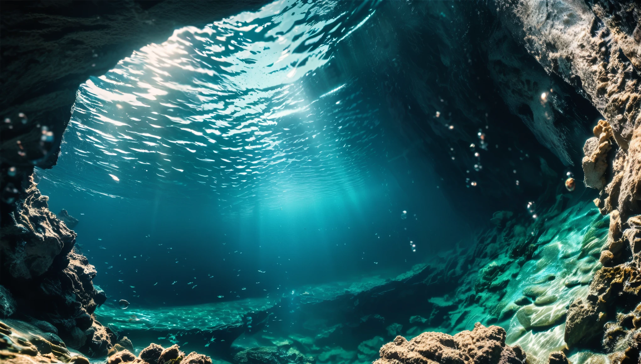 scenery, ultra detailed, 8k, abyss, in the abyss, in the sea, in the water, bubble, dark blue, deep blue, viewer can't see the ocean floor, A little light is coming in sea, blue, cool, summer, real, raw photo