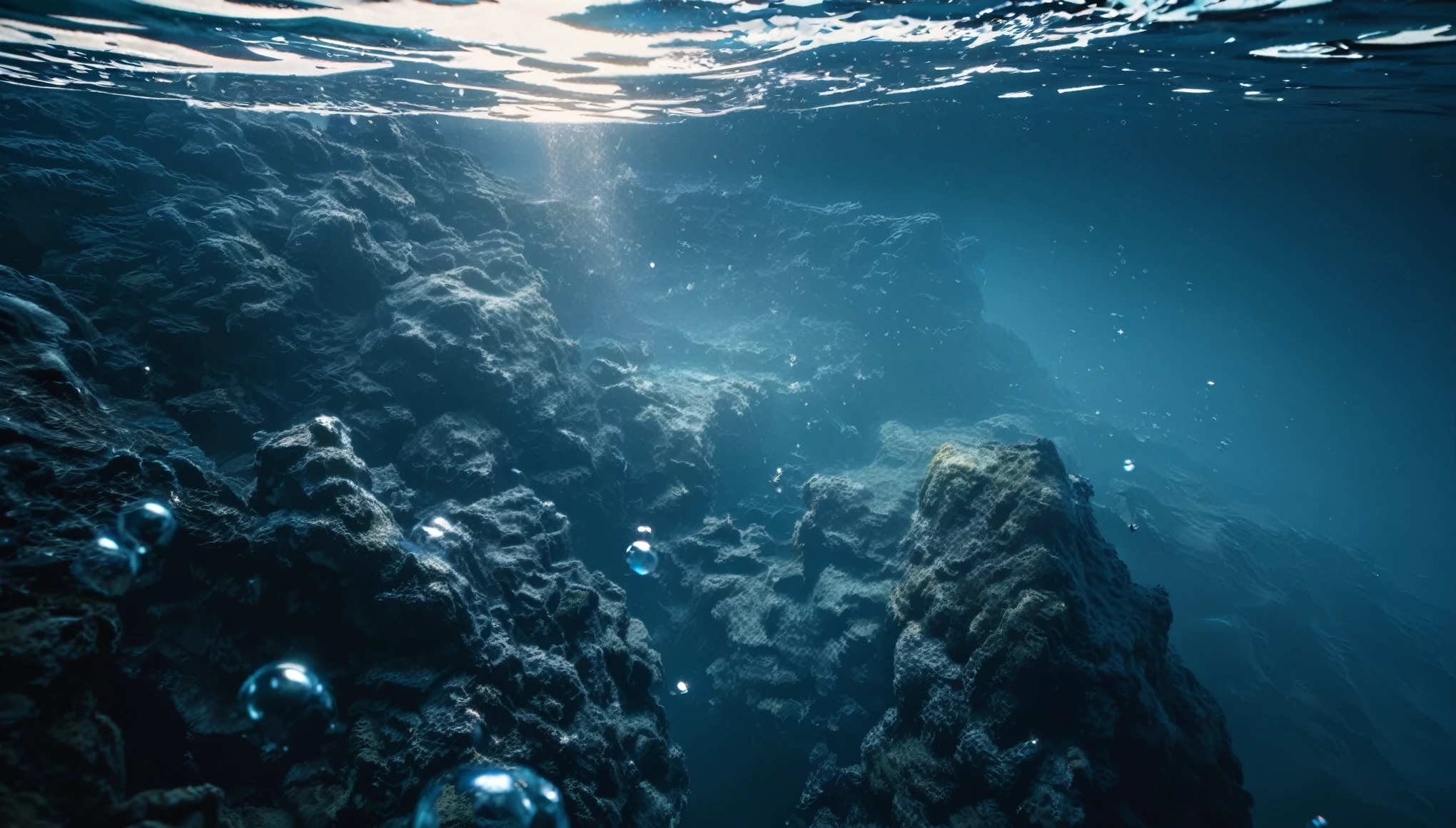 scenery, ultra detailed, 8k, abyss, in the sea, in the water, bubble, dark blue, deep blue, viewer can't see the ocean floor, A little light is coming in sea, blue, cool, summer, real, raw photo