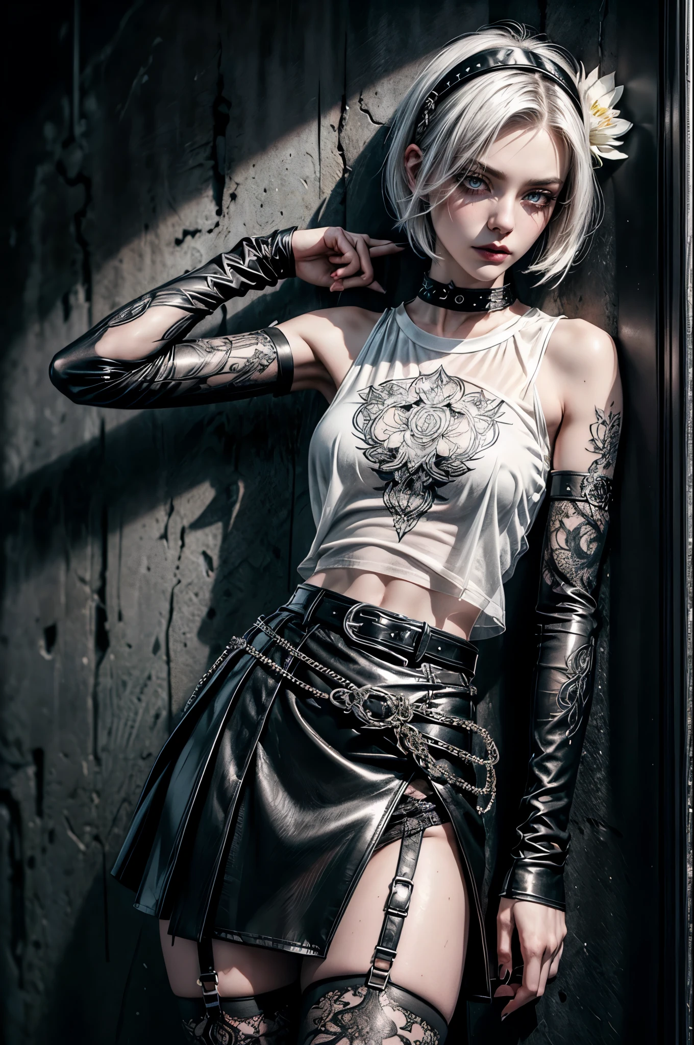 (Detailed illustrations, Very detailed and detailed drawing, Delicate lines with slow and rapid, Realistic texture expression), One woman with very short white hair with black tips, ( emo hairstyle, ), goth, pale white skin, evil smirk, (girls bedroom background), dark lighting, cold atmosphere, lore_Emma , pink eyes , dark eyeliner, (ultra dark glossy black lipstick), bored expression, gorgeous face , super cute, 18 years old , hyper detailed face, (super skinny figure , medium breast, thin waist), back leaning against wall, slim legs, slim hips, LowriseXL, (ultra low rise wet look shiny leather skirt with transparent flower pattern), (mesh shirt with flower pattern under (white transparent loose silk t-shirt) with bare shoulders), black choker, vulva tattoo, black hairband, (white lotus flower in hair), ((flower pattern tattoo)), fingerless leather gloves, (black nail polish), faded tattoo's, ((thigh belt)), ((hip chains)), ((belt hanging on hip)), ((many studded belts)), (((right arm back against wall))), (((left hand behind head)))