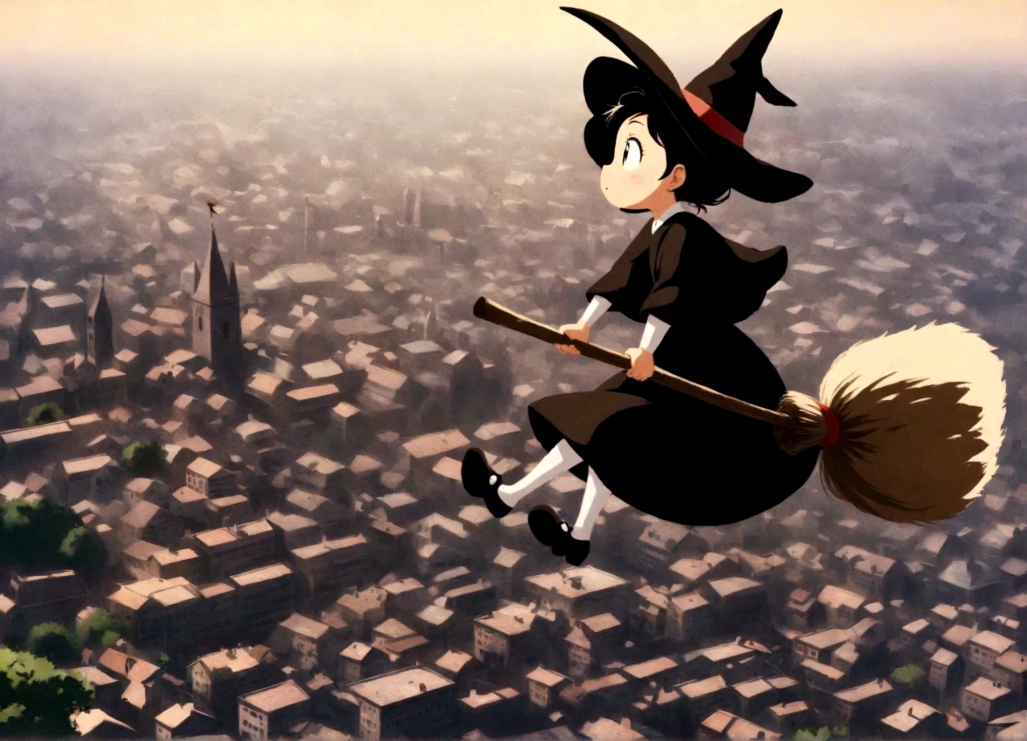 Kiki the Witch's Delivery Service、I'm riding a broom and flying over a beautiful city。hayao miyazaki style、ID SHOT