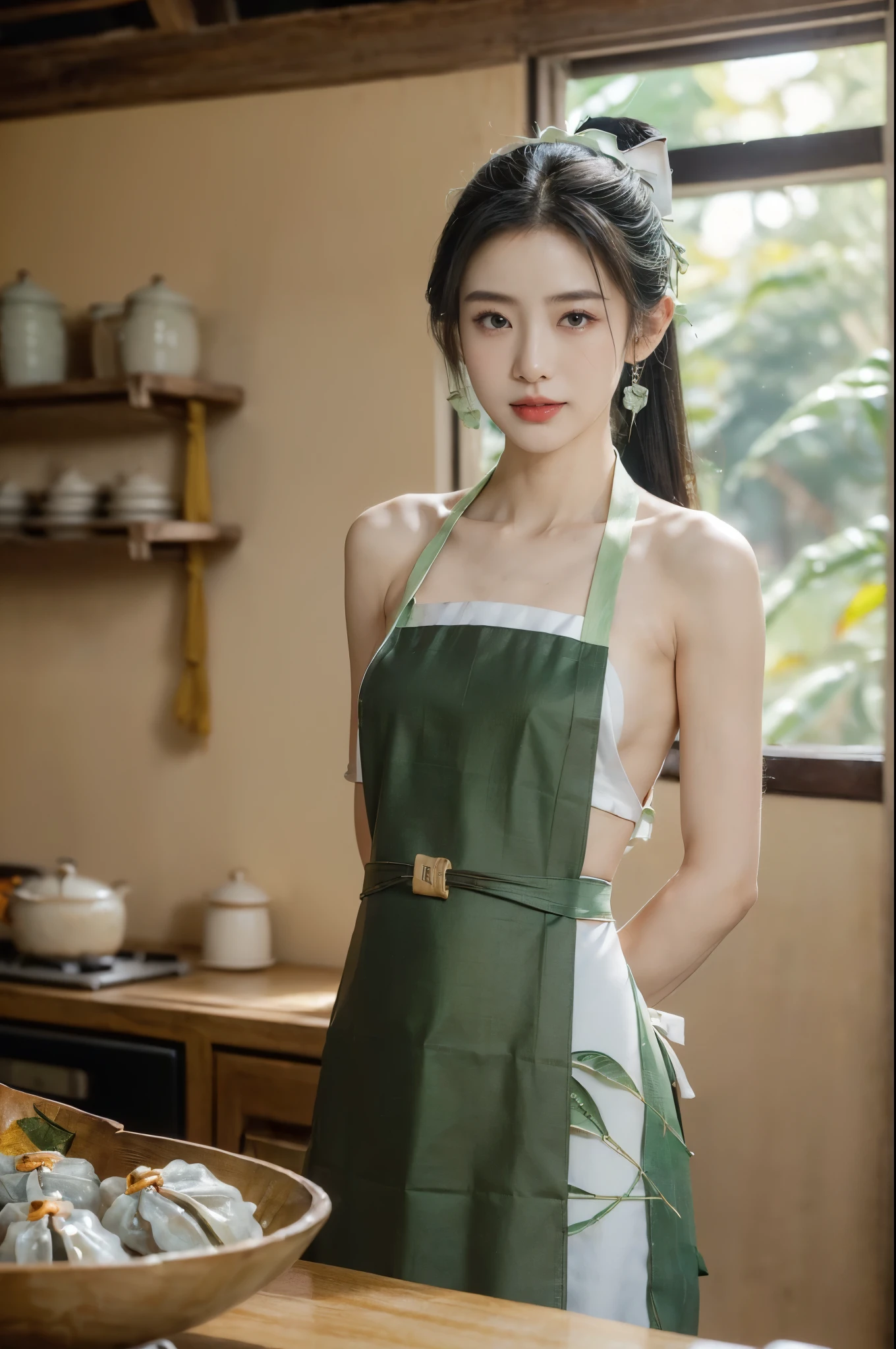 (Extremely meticulous CG),(((8k))),wallpaper,((Extremely refined and beautiful)),(((Masterpiece))),(((best qualtiy))),(((Ultra High Resolution))),beautiful light up,realistic shaded,(Smooth and flawless fair skin:1.5),(Extremely exquisite facial details:1.2),(ultra-detailed:1.5),((a beautiful girl,solo)),(short ponytail:1.2),(small head:1.2),(slender face:1.2),(Exquisite makeup:1.3),(happy:1.2),(laughing:1.2),(perfect body:1.1),(apron made of zongzi leaves:1.5),(small breasts:1.2),(flat chest:1.2),((slim,thin)),(from front:1.3),(standing:1.3),(arms behind back:1.3),(in the kitchen:1.3),(many sumptuous dishes on the table:1.3),(indoor:1.2),(detailed background:.5),(summer:1.3),(day scene:1.5),(Sunny:1.3),(upper body:1.3),
