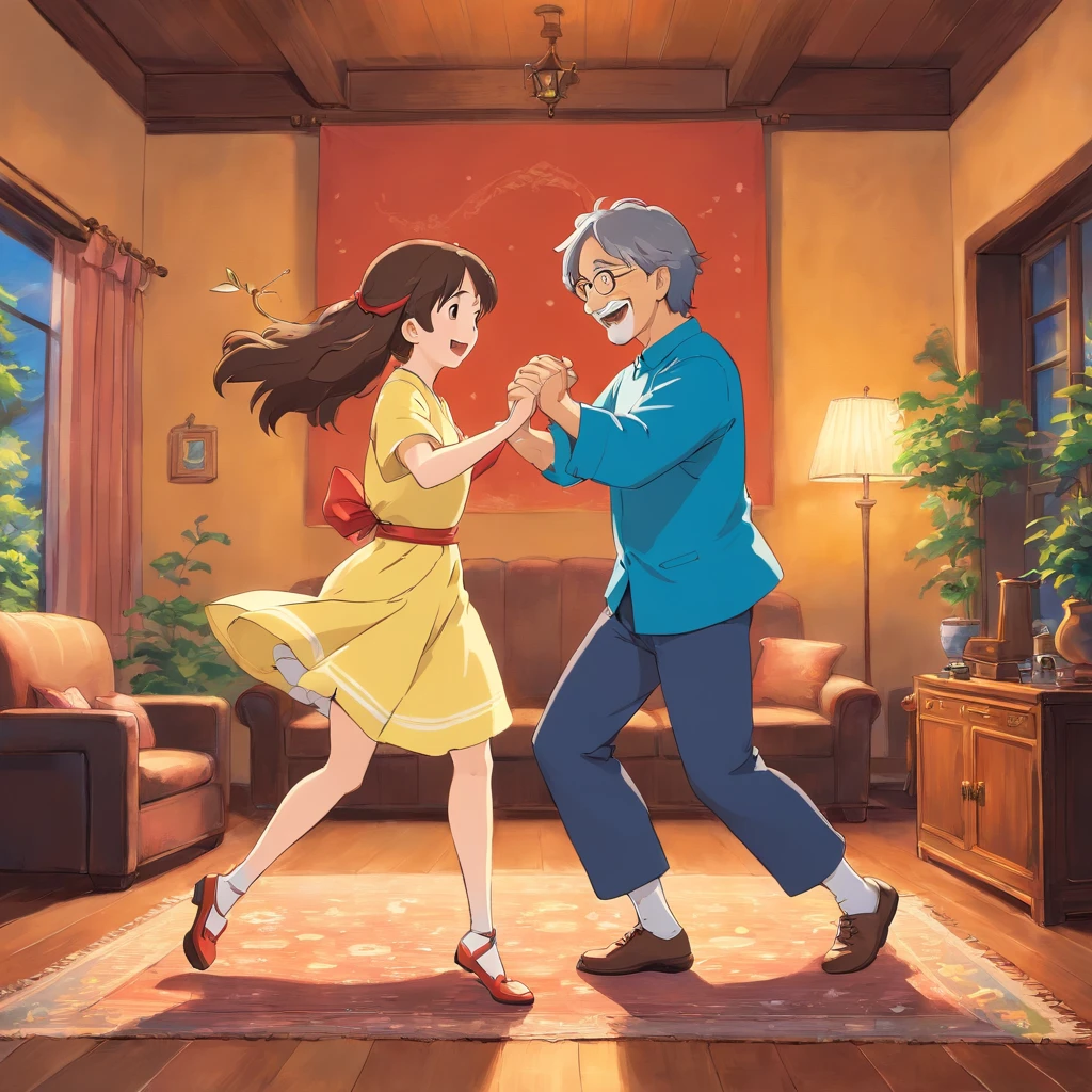 "A couple dancing happily in a living room, com sorrisos e um ambiente acolhedor."