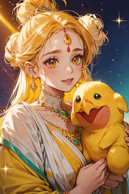 Mamapatchi is very similar-looking to Kuchipatchi. She has beady eyes and a beak. Her skin is yellow rather than green, and she has light orange cheeks. She also has hair, which is done in a bun, with three bangs hanging over her forehead. SPARKLE; GLITTER