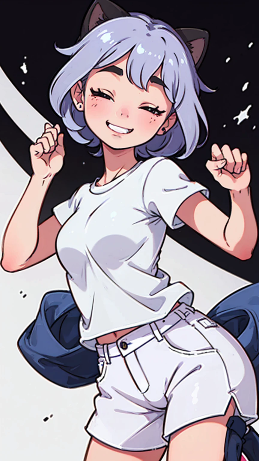 Una chica con orejas de gato del mismo color del pelo, de pelo corto, in a tight white t-shirt looking at the camera,shorts jeans, tenis negros con Zuela blanca y punta del mismo color, cuerpo completo, con fondo
