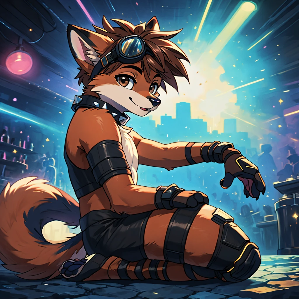 highres, High-quality illustrations, unparalleled masterpiece(movie of life)(furry anthro:1.7)absurd resolution (highly detailed beautiful face and eyes)perfect anatomy, expression, caustics, dynamic angle, top quality, soft color, Vintage images, highres, High-quality illustrations, unparalleled masterpiece, (furry anthro:1.7)absurdres(highly detailed beautiful face and eyes)perfect anatomy, expression, caustics, no lighting deep shadow, masterpiece, high quality, hi res, solo, teen Furry, furry, teenager, red fox, spiked brown hair only on head, collar, brown eyes, goggles, wearing black shorts, has thick thighs, elbow pads)), ((knee pads)), masterpiece, No muscles, Detailed hands, detailed face, detailed eyes, detailed body, chubby body, no shirt, ((no nipples)), no underwear, crowded nightclub, kneeling, smug, side view