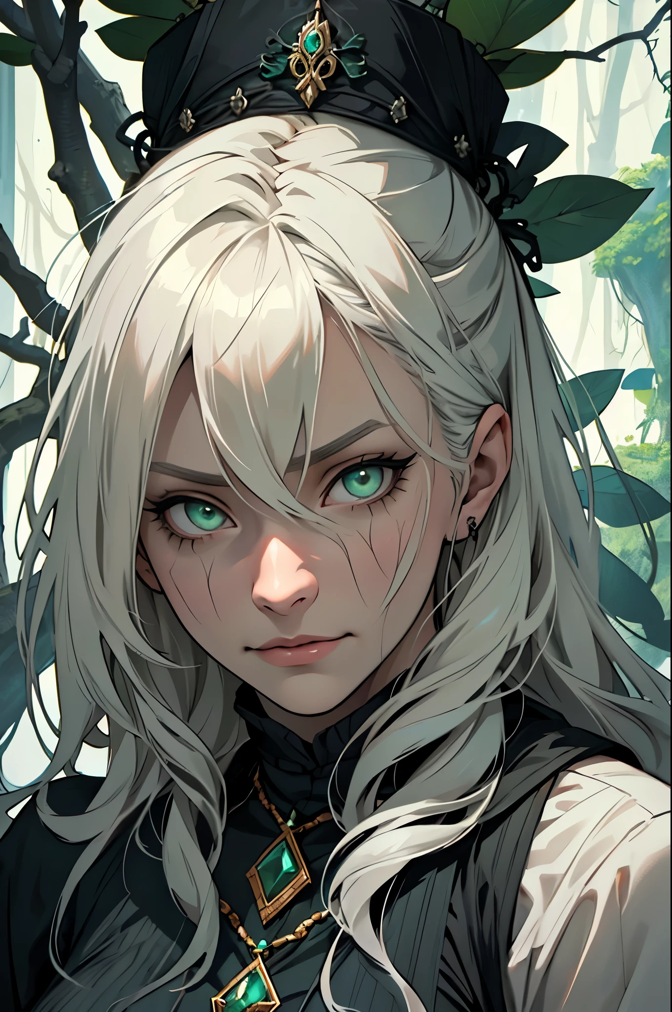Create a detailed close-up portrait of Irina Petrovna (Baba Yaga). She has an enigmatic and weathered face with pale, somewhat withered skin, marked with wrinkles and lines that tell stories of her vast experience and knowledge. Her deep emerald green eyes are bright and penetrating, exuding wisdom and sometimes terror. Her long, gray, tangled hair falls in uneven strands around her face, adding to her mysterious appearance. Add a subtle dark, magical aura with a green mist or supernatural glow around her to emphasize her connection with Baba Yaga.