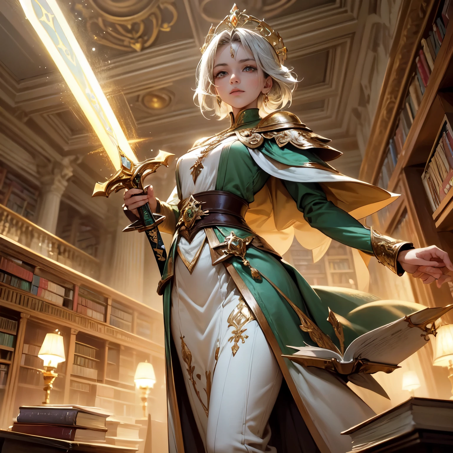 Crie uma imagem digital ultra HD de 8K de uma majestosa princesa elfa de cabelos castanho-claros, longos e lisos, vestida com trajes de realeza, na biblioteca do castelo. A princesa tem olhos verdes-esmeralda e pele clara. She is dressed in a royal green velvet robe with gold and silver trim., Adorned with magical jewels that glow softly. Ela usa uma coroa de ouro com pedras preciosas, gold bracelets on her wrists and a magical amulet around her neck. Na biblioteca, a princesa empunha a Espada de Zeus. The sword is made of celestial gold and emits golden rays, with divine inscriptions along the blade that shine brightly. The hilt of the sword is adorned with small rays and lightning., simbolizando seu poder supremo. Ela segura a espada em uma pose de sabedoria, pronta para proteger os segredos antigos da biblioteca, while electric sparks dance around you. The Sword of Zeus is known for its ability to control thunder and lightning, e uma aura de poder divino emana dela. The library is lined with dark wooden shelves filled with ancient books and parchment.. Grandes janelas com vitrais coloridos permitem a entrada de luz natural, creating an atmosphere of knowledge and mystery. Reading tables and comfortable chairs are arranged throughout the library., enquanto lustres pendem do teto alto. The image should capture the serenity and erudition of the library, highlighting the princess&#39;s interaction with the Sword of Zeus.