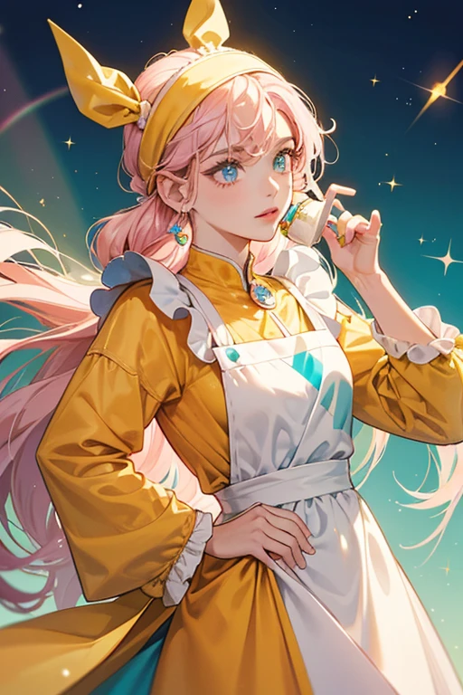 Mamarighttchi has light pink skin, a cream-colored face, and turquoise irises. She wears a light brown apron over an orange suit, and a yellow headband with yellow and white round beads.  SPARKLE; GLITTER