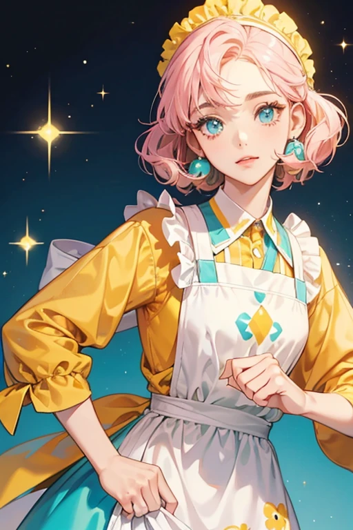 Mamarighttchi has light pink skin, a cream-colored face, and turquoise irises. She wears a light brown apron over an orange suit, and a yellow headband with yellow and white round beads.  SPARKLE; GLITTER