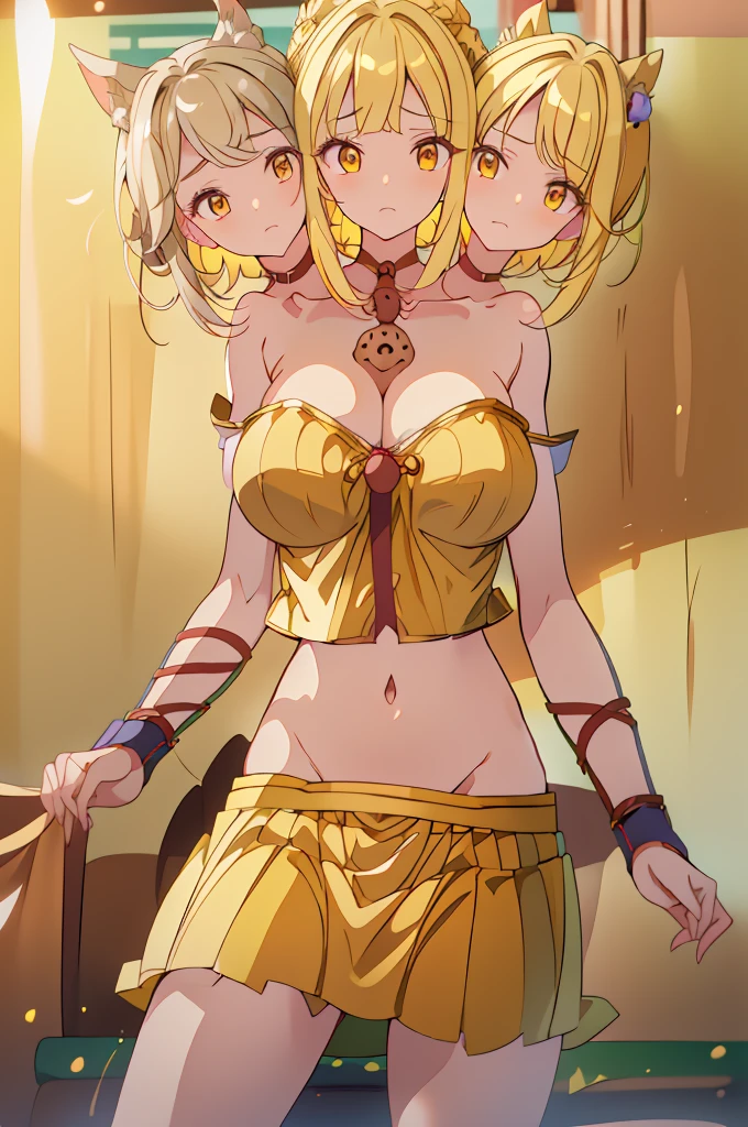 (masterpiece, best quality),best quality, best resolution, (ultra-detailed), (3heads:1.5), 1girl, (mayumi joutouguu:1.3), masterpiece, best quality, ultra quality, ultra resolution, ultra detail, blonde, white and yellow top, crop top, ((stomach)), midriff, ((groin)), yellow skirt, miniskirt, normal ears, shackles, blonde hair, very long hair, wavy hair, sidelocks, yellow eyes, parted lips, sweat, cute, toned belly, hand on own chest, eyelashes, (24 year old woman:1.3), (masterpiece:1.5), (best quality:1.5), (beautiful detailed), extremely detailed CG, extremely delicate and beautiful, depth of field, (finely detailed face), (perfect details:1.2), (mature female:1.3), wide pelvis, slender, large veiny breast, 16k resolution, highres, high quality, high definition, extremely detailed, masterpiece, blonde hair, long hair, alluring presence, twin braid, short skirt, close up, big tits, young, waist-length hair, hair buns, nsfw