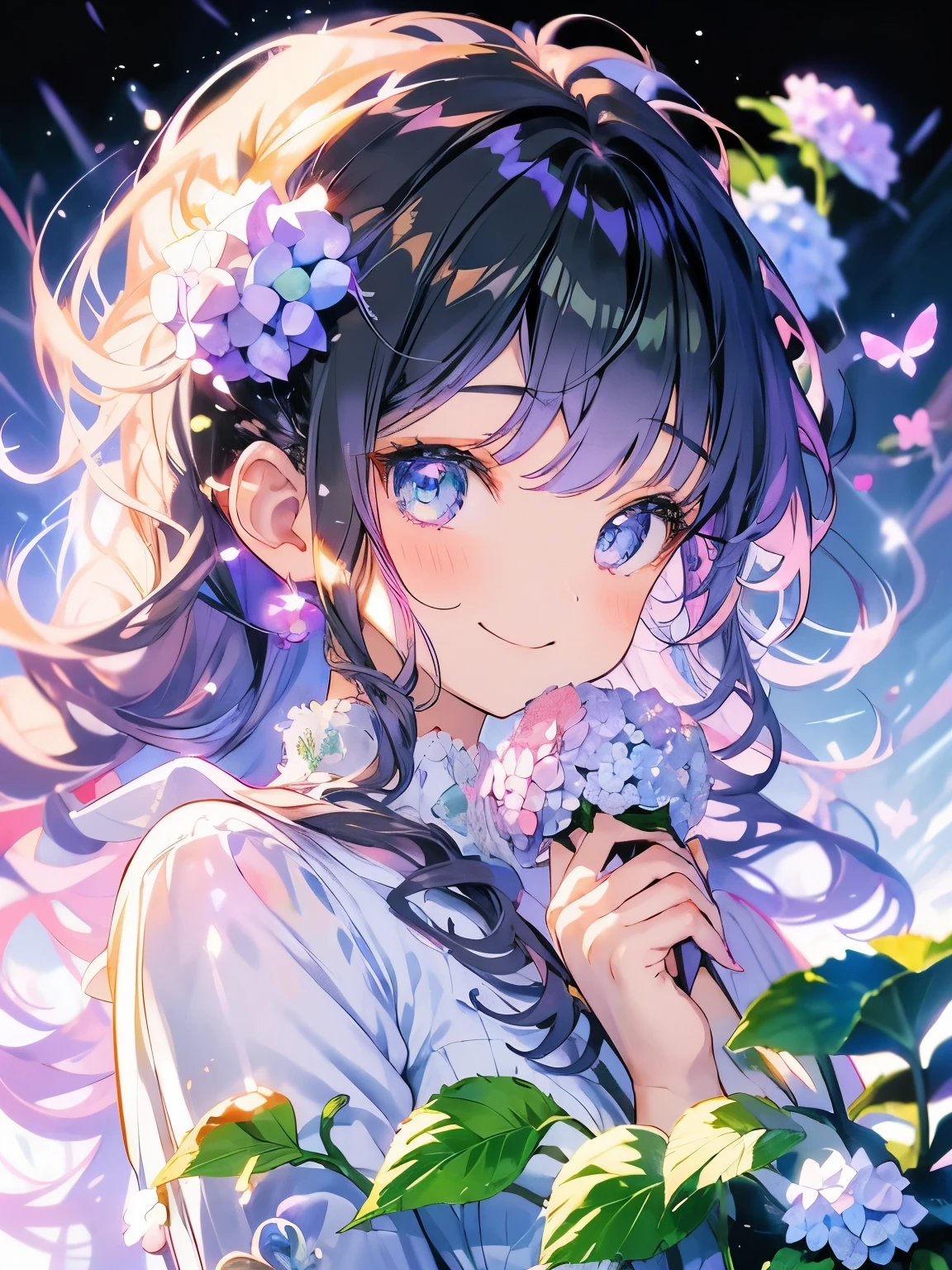 (((Delicate eyes)))、smile、Anime Girls, Purple Hair,Odd Eye、 可愛いAnime Girls、smile、hydrangea、たくさんのhydrangea、Fractal Art、Gwaiz、Flower Garden