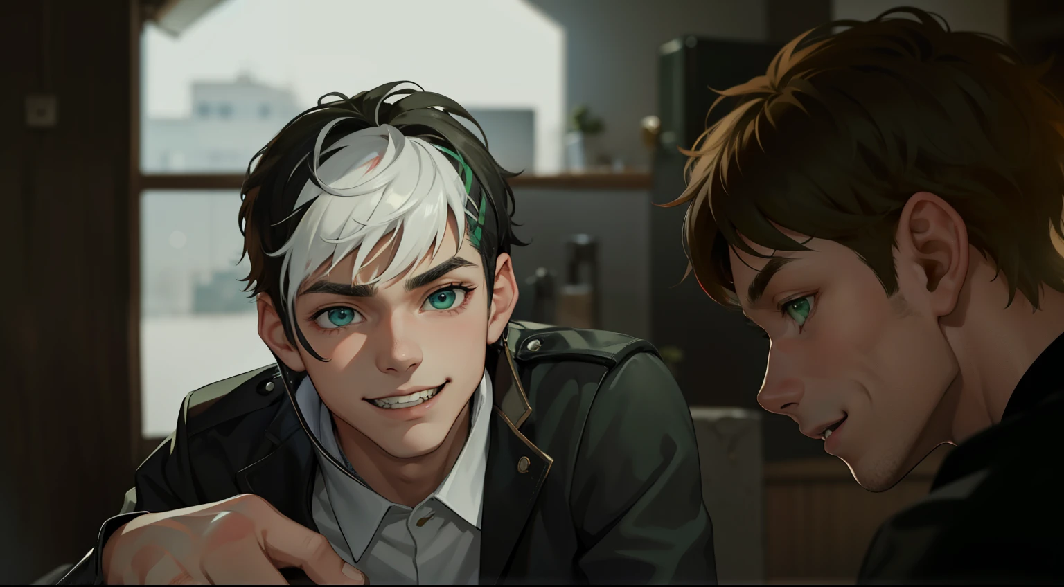 se estan mirando alos ojos, cute young man, 17 years old, hair with white streaks, green eyes, smile, mischievous look