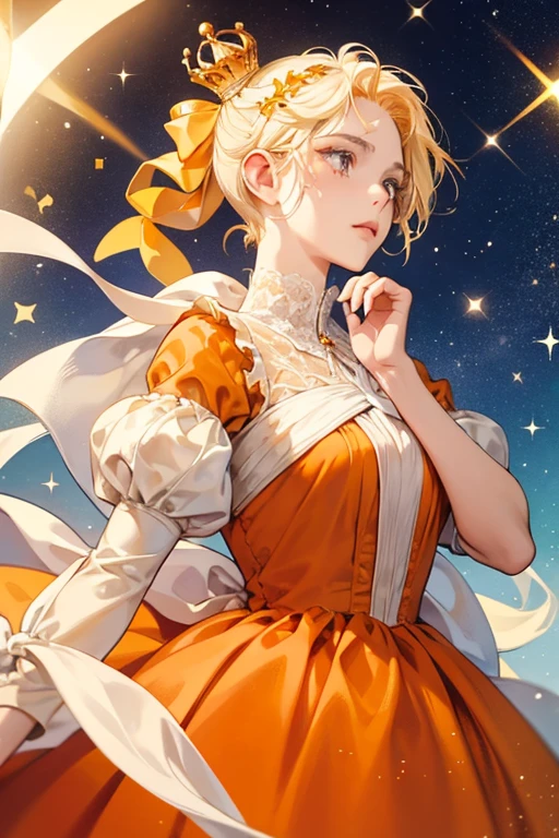 Mamaspetchi wears an orange dress with a white ribbon. Her head is yellow and tear drop shaped with a white star on the side on her face. She has short hair on the side on her head and wears a white crown. SPARKLE; GLITTER