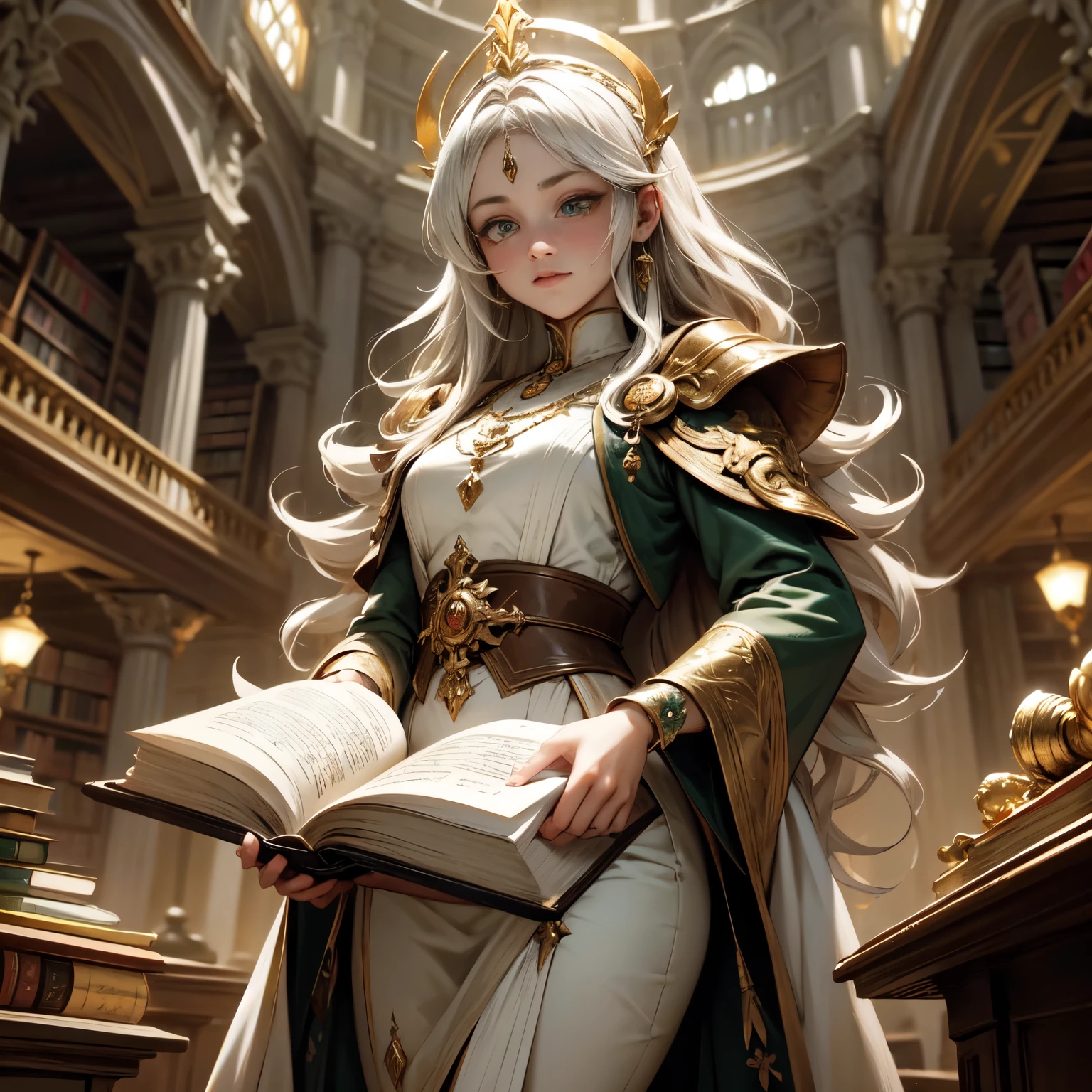 Crie uma imagem digital ultra HD de 8K de uma majestosa princesa elfa de cabelos castanho-claros, longos e lisos, vestida com trajes de realeza, na biblioteca do castelo. A princesa tem olhos verdes-esmeralda e pele clara. She is dressed in a royal green velvet robe with gold and silver trim., Adorned with magical jewels that glow softly. Ela usa uma coroa de ouro com pedras preciosas, gold bracelets on her wrists and a magical amulet around her neck. Na biblioteca, a princesa empunha a Espada de Zeus. The sword is made of celestial gold and emits golden rays, with divine inscriptions along the blade that shine brightly. The hilt of the sword is adorned with small rays and lightning., simbolizando seu poder supremo. Ela segura a espada em uma pose de sabedoria, pronta para proteger os segredos antigos da biblioteca, while electric sparks dance around you. The Sword of Zeus is known for its ability to control thunder and lightning, e uma aura de poder divino emana dela. The library is lined with dark wooden shelves filled with ancient books and parchment.. Grandes janelas com vitrais coloridos permitem a entrada de luz natural, creating an atmosphere of knowledge and mystery. Reading tables and comfortable chairs are arranged throughout the library., enquanto lustres pendem do teto alto. The image should capture the serenity and erudition of the library, highlighting the princess&#39;s interaction with the Sword of Zeus.