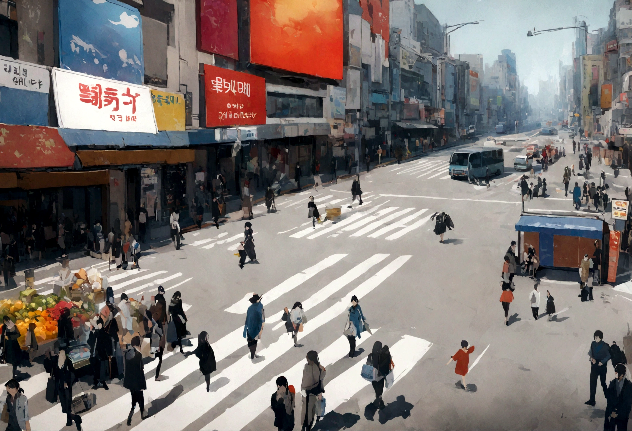 "Cinematic, bustling Seoul intersection, people crossing the street, bright billboards and street vendors, --ar 16:9"