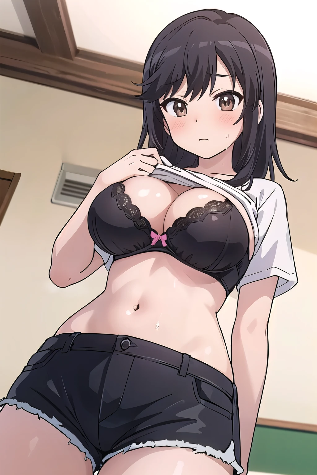 nonhotaru,in summer,t-shirt,shorts,blush,sweat,((shirt lift)),show off bra,cleavage,((large breast)),Breasts protruding forward,Big breasted elementary school student,slender,(Narrow waist:1.2),breast focus,Shiny skin,((Wide Chest)),Wide ass,View your viewers,((black bra)),(from below)