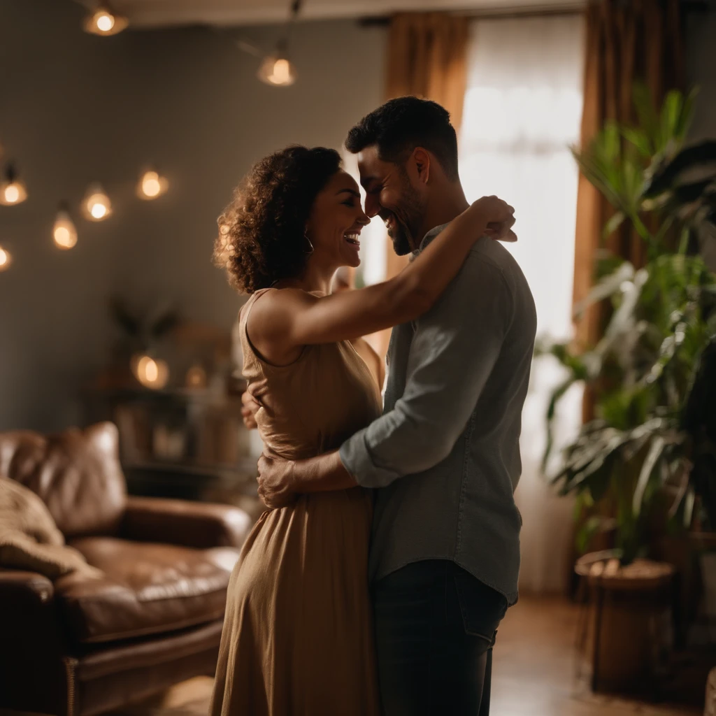"A couple dancing happily in a living room, com sorrisos e um ambiente acolhedor."