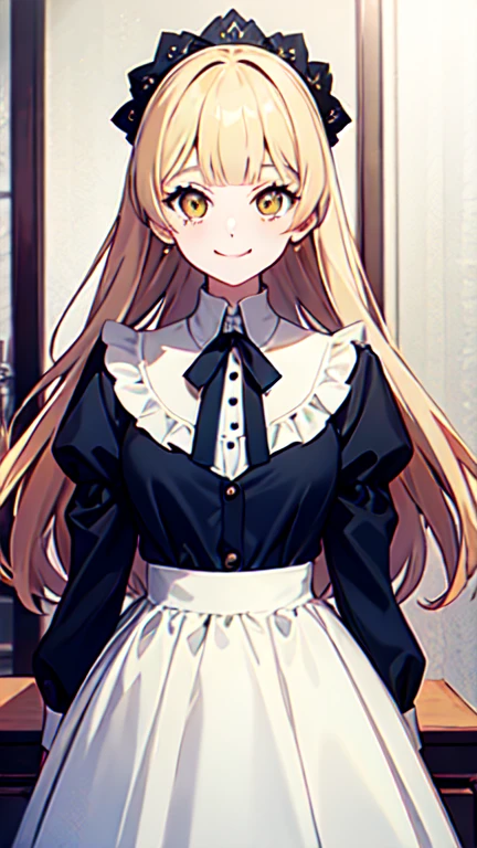 smile, cowboy shot, tiara royal ivy, yellow eyes, blonde hair, long hair, blunt bangs, hair bow, hair flower, SakuragaokaWinter, sakuragaoka high , blue blazer, long sleeves, neck ribbon, grey skirt,, absurdres, ultra detailed, masterpiece, best quality, aesthetic, detailed,