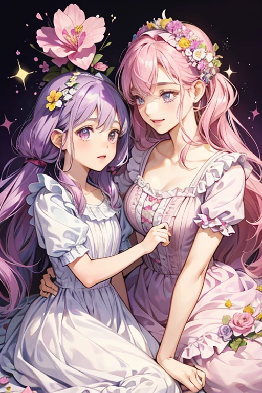 Mamavioletchi resembles her daughter, Violetchi. She is a pastel violet color with two large, dark pink flowers on her head, with the left flower having a yellow bloom and the right having a pink bloom. She wears a white frilled dress with a red flower on it. SPARKLE; GLITTER