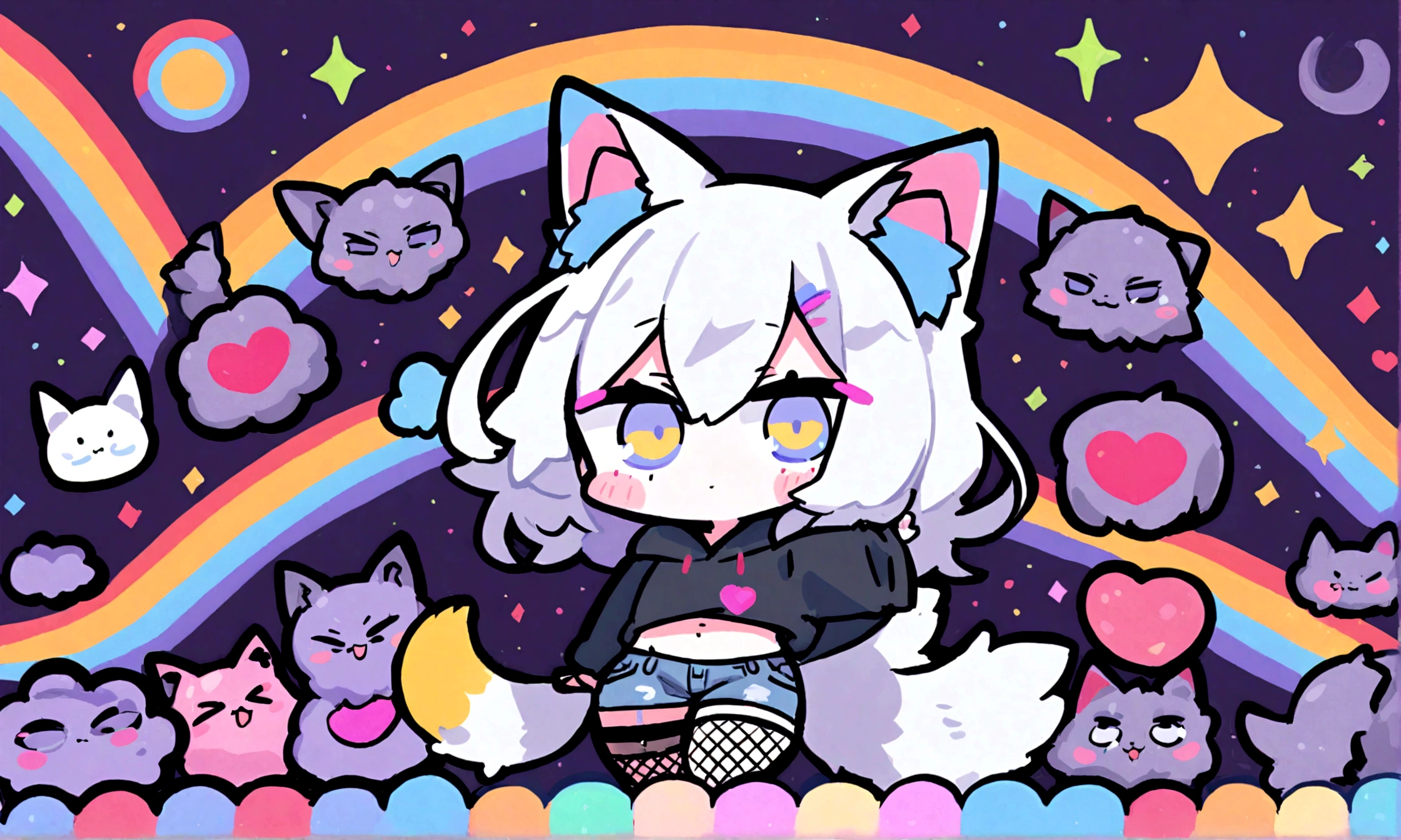 a cute chibi style adult male with wolf ears, white hair, has a wolf tail, wearing a loose cropped oversized black hoodie, wearing a pair of denim short shorts and fishnet stockings, thick thighs, wide hips, relaxing on mound of fluffy multi colored kawaii plushies, short, very slim, showing slender tummy, stretching out, heart on hoodie, squishy thighs, has glowing blue eyes. alone, solo (ALONE)(SOLO), surrounded by rainbows, colorful galaxy backround, dancing to music
