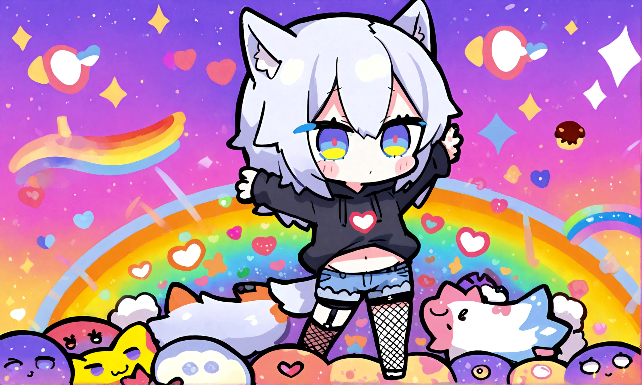 a cute chibi style adult male with wolf ears, white hair, has a wolf tail, wearing a loose cropped oversized black hoodie, wearing a pair of denim short shorts and fishnet stockings, thick thighs, wide hips, relaxing on mound of fluffy multi colored kawaii plushies, short, very slim, showing slender tummy, stretching out, heart on hoodie, squishy thighs, has glowing blue eyes. alone, solo (ALONE)(SOLO), surrounded by rainbows, colorful galaxy backround, dancing to music