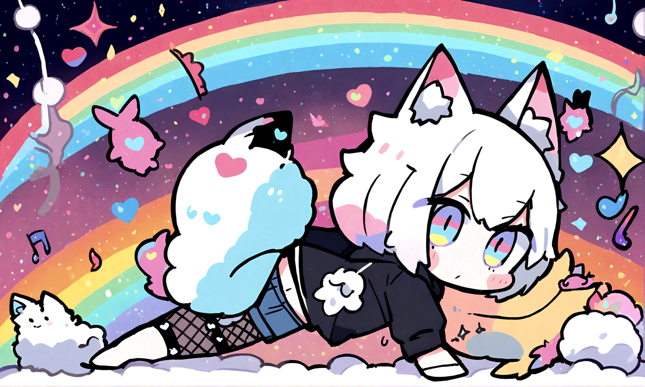 a cute chibi style adult male with wolf ears, white hair, has a wolf tail, wearing a loose cropped oversized black hoodie, wearing a pair of denim short shorts and fishnet stockings, thick thighs, wide hips, relaxing on mound of fluffy multi colored kawaii plushies, short, very slim, showing slender tummy, stretching out, heart on hoodie, squishy thighs, has glowing blue eyes. alone, solo (ALONE)(SOLO), surrounded by rainbows, colorful galaxy backround, dancing to music