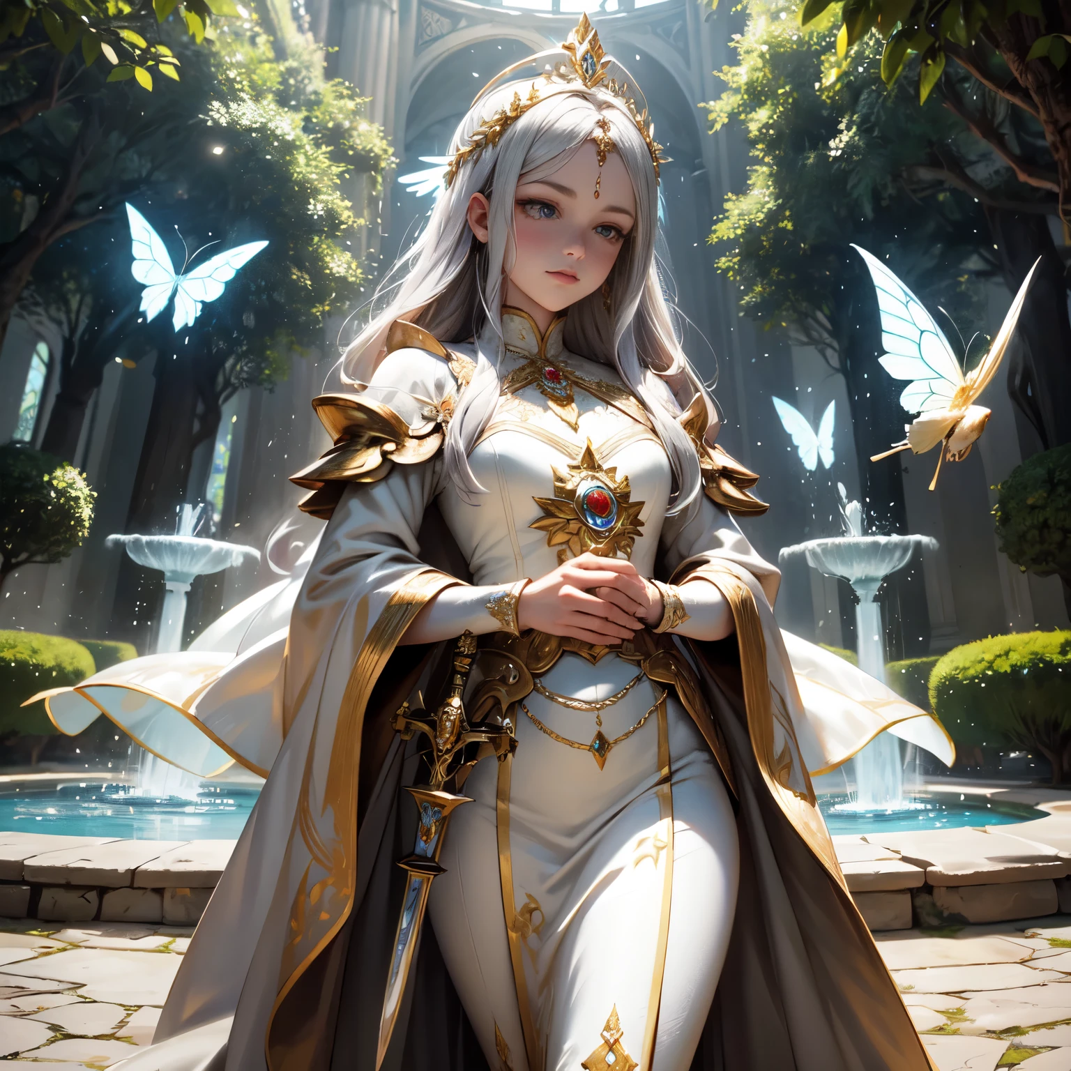 Crie uma imagem digital ultra HD de 8K de uma majestosa princesa elfa de cabelos vermelhos, longos e ondulados, vestida com trajes de realeza, no jardim do castelo. A princesa tem olhos dourados e pele clara. She is dressed in a royal robe of red velvet with gold and silver trim., Adorned with magical jewels that glow softly. Ela usa uma coroa de ouro com pedras preciosas, gold bracelets on her wrists and a magical amulet around her neck. No jardim, a princesa empunha a Espada de Zeus. The sword is made of celestial gold and emits golden rays, with divine inscriptions along the blade that shine brightly. The hilt of the sword is adorned with small rays and lightning., simbolizando seu poder supremo. She holds the sword in a protective pose, pronta para defender o jardim encantado, while electric sparks dance around you. The Sword of Zeus is known for its ability to control thunder and lightning, e uma aura de poder divino emana dela. The castle garden is lush, com flores de cores vibrantes, crystal clear water fountains and stone paths lined with majestic trees. Enchanted birds and magical butterflies fly around, criando uma atmosfera de paz e beleza natural. A imagem deve capturar a serenidade e o encanto do jardim do castelo, highlighting the princess's interaction with the Sword of Zeus.