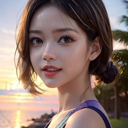 Tiny girl wearing red tube-top dress, Stroll along evening Beach, (Acutance:0.85), Masterpiece of 8K Ultra-detailed, (VolumetricLighting), SmoothShading, (RAW photorealistic:1.37), (Close-up:1.4), (Gazing at the sunseting colorful sky) (Dazzling bokeh:1.28), { (Golden ray illuminating face) | (Vivid Photon Particles) | (Gust of wind) } . (((Extremely detailed a face variation of NOGIZAKA girls))), perfect anatomy, Childish, captivating gaze, elaborate detailed Eyes with (sparkling highlights:1.28), long eyelashes、Glossy RED Lips with beautiful details, Coquettish tongue, Rosy cheeks, (Detailed Flawless Skin, Radiant PearlSkin with clear transparency) , SilkyHair Random HairColor. { (Dynamic joyful expressions) | (:d) }, (no Large eyes, no tree).