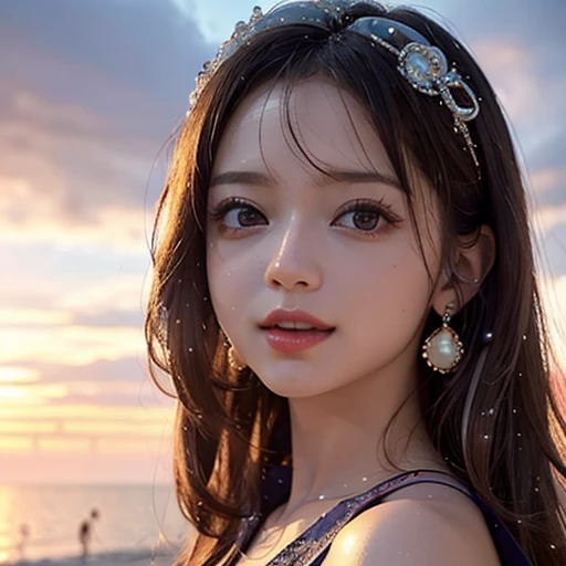 Tiny girl wearing red tube-top dress, Stroll along evening Beach, (Acutance:0.85), Masterpiece of 8K Ultra-detailed, (VolumetricLighting), SmoothShading, (RAW photorealistic:1.37), (Close-up:1.4), (Gazing at the sunseting colorful sky) (Dazzling bokeh:1.28), { (Golden ray illuminating face) | (Vivid Photon Particles) | (Gust of wind) } . (((Extremely detailed a face variation of NOGIZAKA girls))), perfect anatomy, Childish, captivating gaze, elaborate detailed Eyes with (sparkling highlights:1.28), long eyelashes、Glossy RED Lips with beautiful details, Coquettish tongue, Rosy cheeks, (Detailed Flawless Skin, Radiant PearlSkin with clear transparency) , SilkyHair Random HairColor. { (Dynamic joyful expressions) | (:d) }, (no Large eyes, no tree).