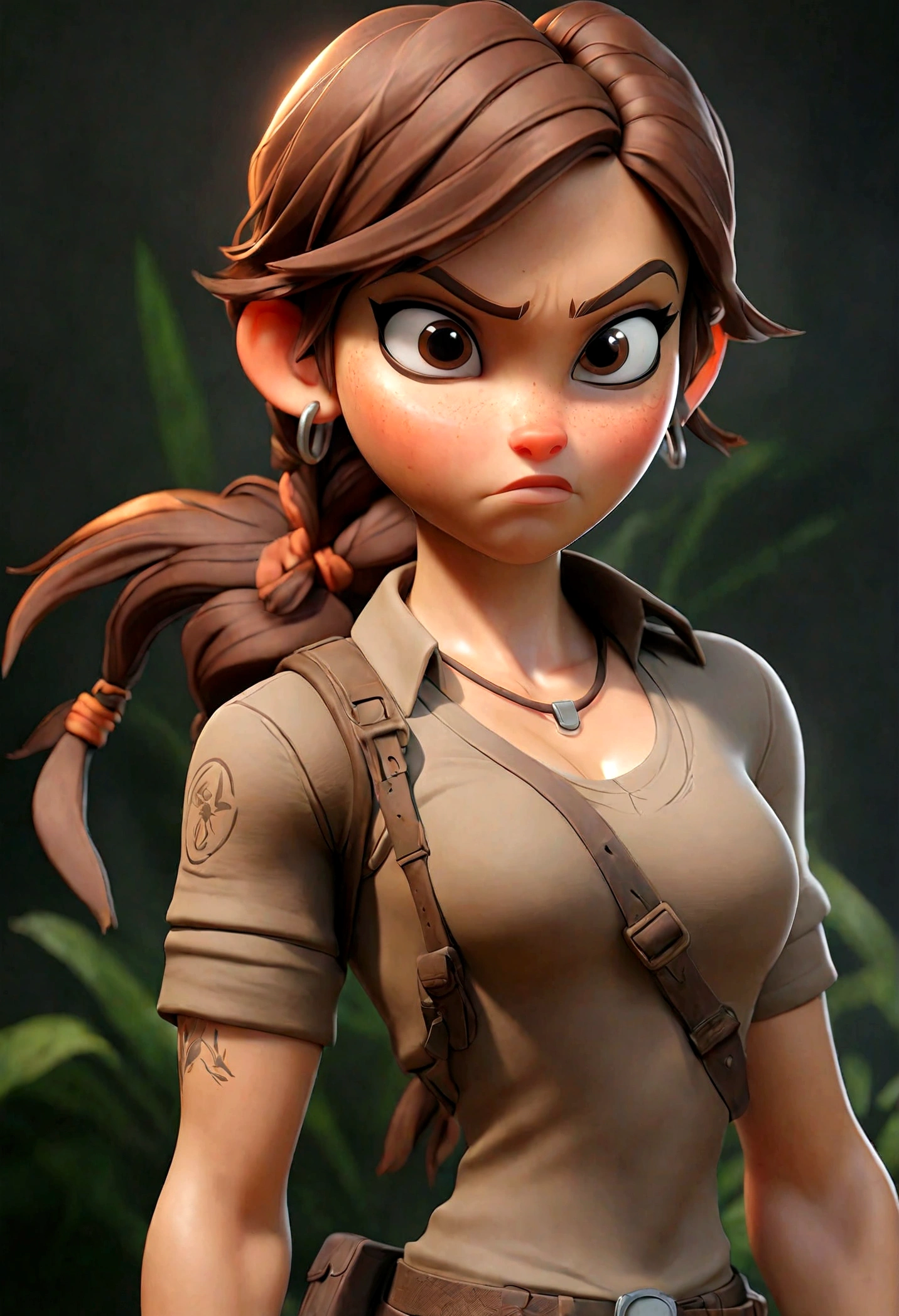 (Best quality, high resolution: 1.2), Ultra-detailed, (Realistic: 1.37) brunette, médium brown hair, brown eyes big chest, 18 years, full body, tomb raider outfit