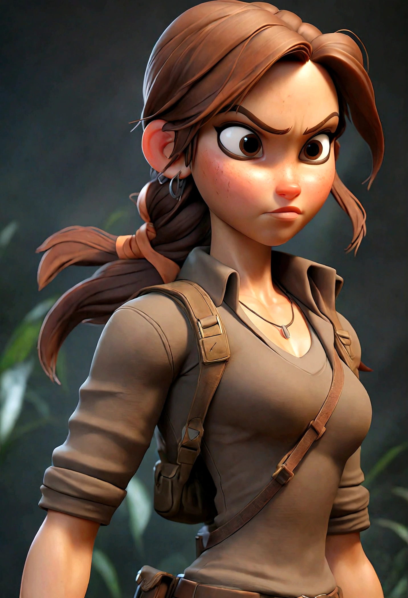 (Best quality, high resolution: 1.2), Ultra-detailed, (Realistic: 1.37) brunette, médium brown hair, brown eyes big chest, 18 years, full body, tomb raider outfit