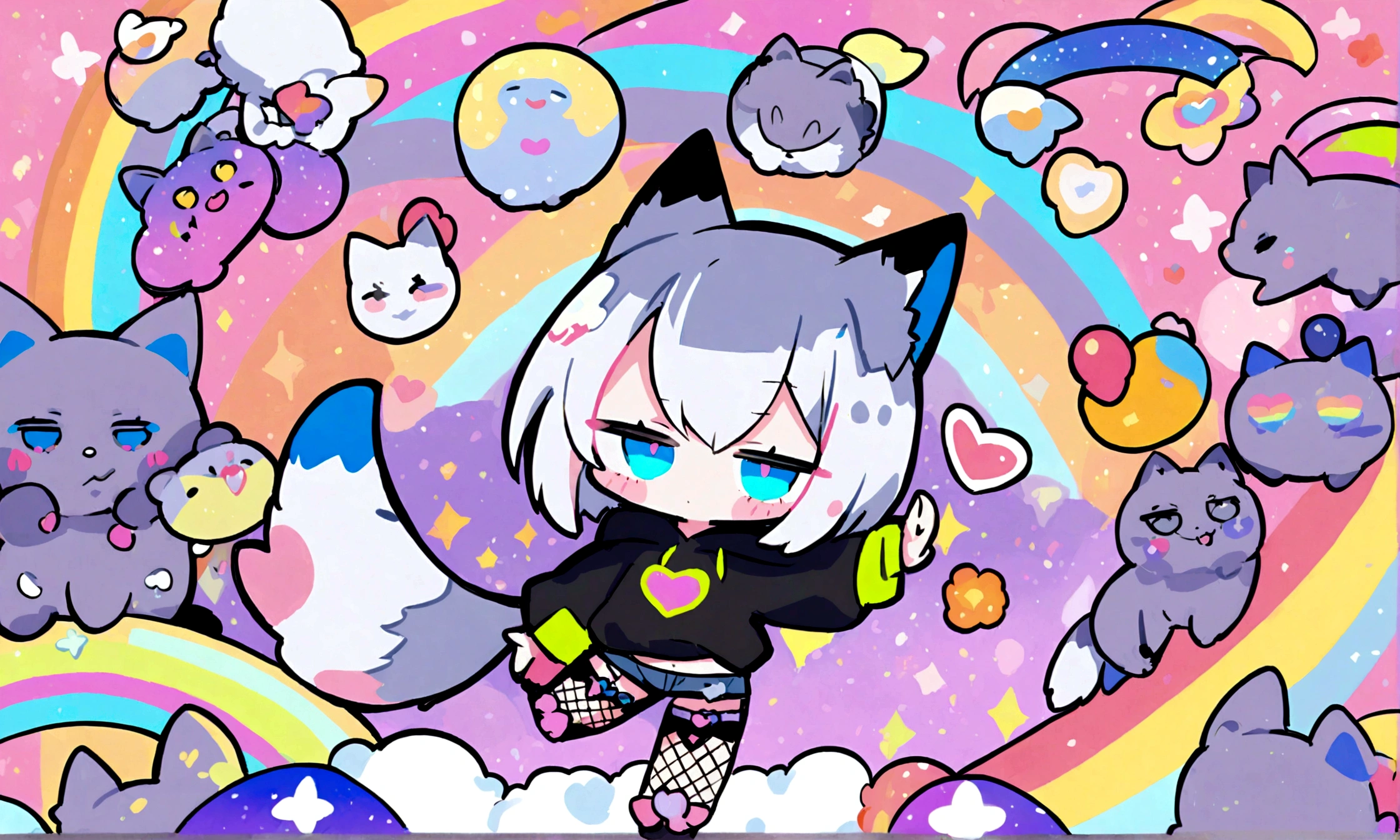 a cute chibi style adult male with wolf ears, white hair, has a wolf tail, wearing a loose cropped oversized black hoodie, wearing a pair of denim short shorts and fishnet stockings, thick thighs, wide hips, dancing on mound of fluffy multi colored kawaii plushies, short, very slim, showing slender tummy, heart on hoodie, squishy thighs, has glowing blue eyes. alone, solo (ALONE)(SOLO), surrounded by rainbows, colorful galaxy backround