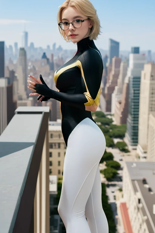 sydswe2024, 1girl, blonde hair, photorealistic, best quality, masterpiece, raw image, depth of field, on top of building, new york skyline, black suit, white trimming, spider woman, skintight suit, white spider symbol, nerdy glasses, 5 fingers,