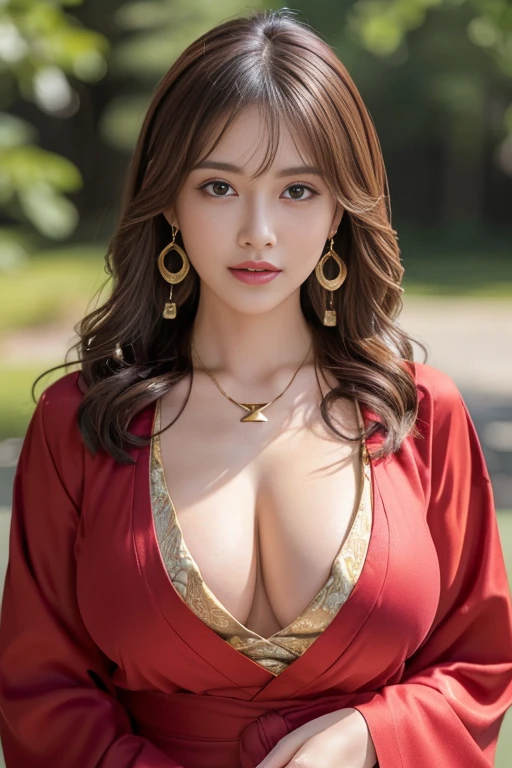 highest quality, Realistic, Super detailed, finely, High resolution, 8K, 1. Beautiful Women,, Light brown, shaggy hair, Sharp focus, Detailed and beautiful eyes, Fine hair, Detailed and realistic skin texture,Full body portrait, ((The hair is curled on the inside、Long Hair:1.2)),((Gold Necklace＿Larger earrings:1.2)),(((A woman wearing a neat red kimono、Traditional Japanese kimono formal wear、Formal Japanese attire、A modern kimono top that combines traditional Japanese motifs with chic, fashionable designs.、The kimono top is elegantly tailored to flatter her figure.、Decorated with classic patterns like cranes and cherry blossoms、、Do not show cleavage、Long legs))),Looking at the audience,Erotic expressions,Open your mouth、With the best smile、(((A woman with large J-cup breasts、Big Tits、Voluptuous body、Soft curved body)))、 (In the outdoors、Soft sunlight、A park full of blooming flowers: 1.2),