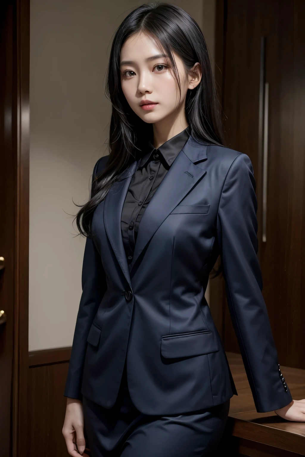 There is a black-haired Thai woman wearing a dress shirt and blue suits