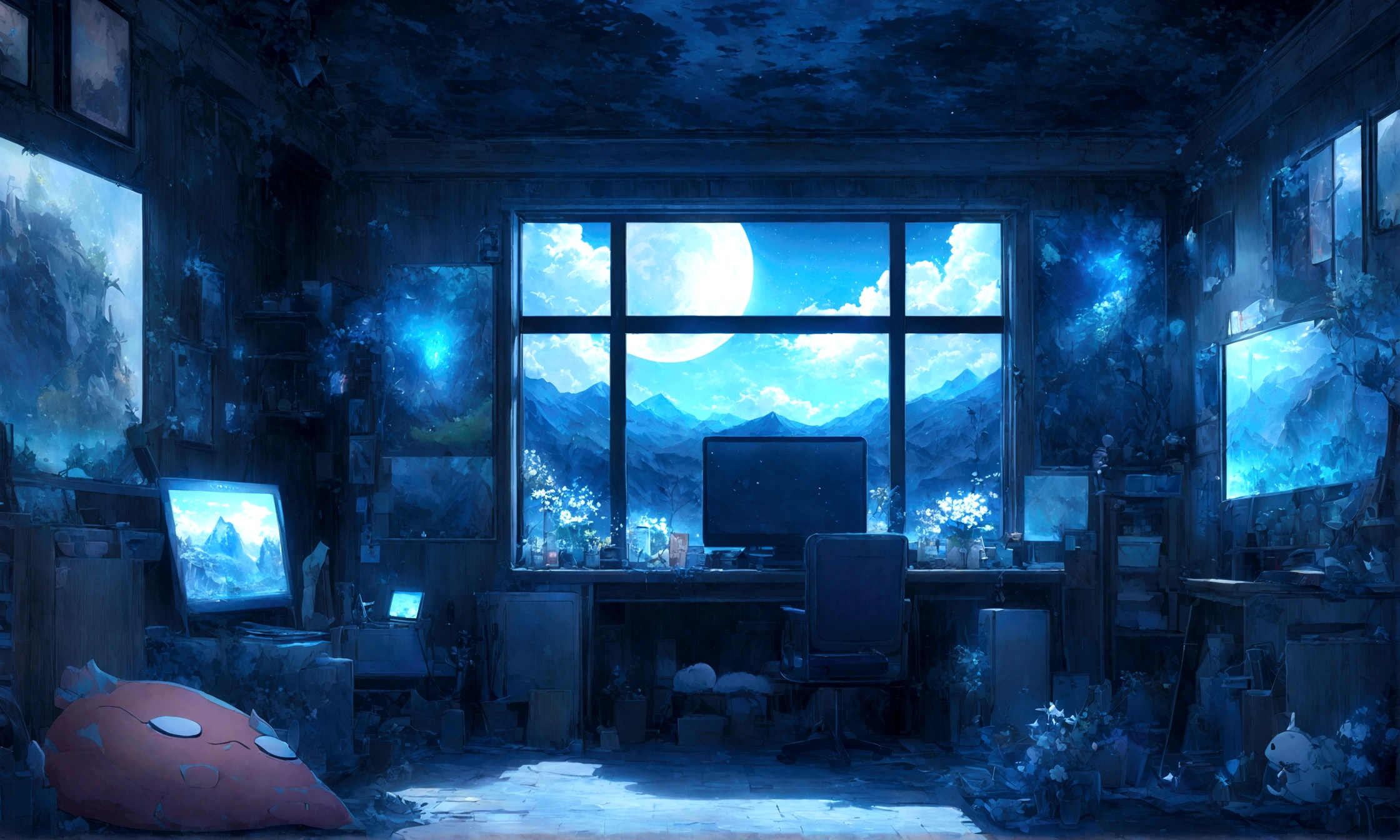 on the desk、No people、Tablet、liquid crystal、moon、PC Monitor、liquid crystalTablet、smartphone、wall、Dark atmosphere、Blue Neon、Blue Star、keyboard、Vocal Microphone、headphone、Large windows、scenery、white flowers and a laptop on a desk in front of a window, a digital painting inspired by Uragami Gyokudō, pixiv contest winner, magical realism, magic lab background, magical background, background art, personal room background, random background scene, anime background art, cozy cafe background, fairy tale style background, background artwork, mobile game background