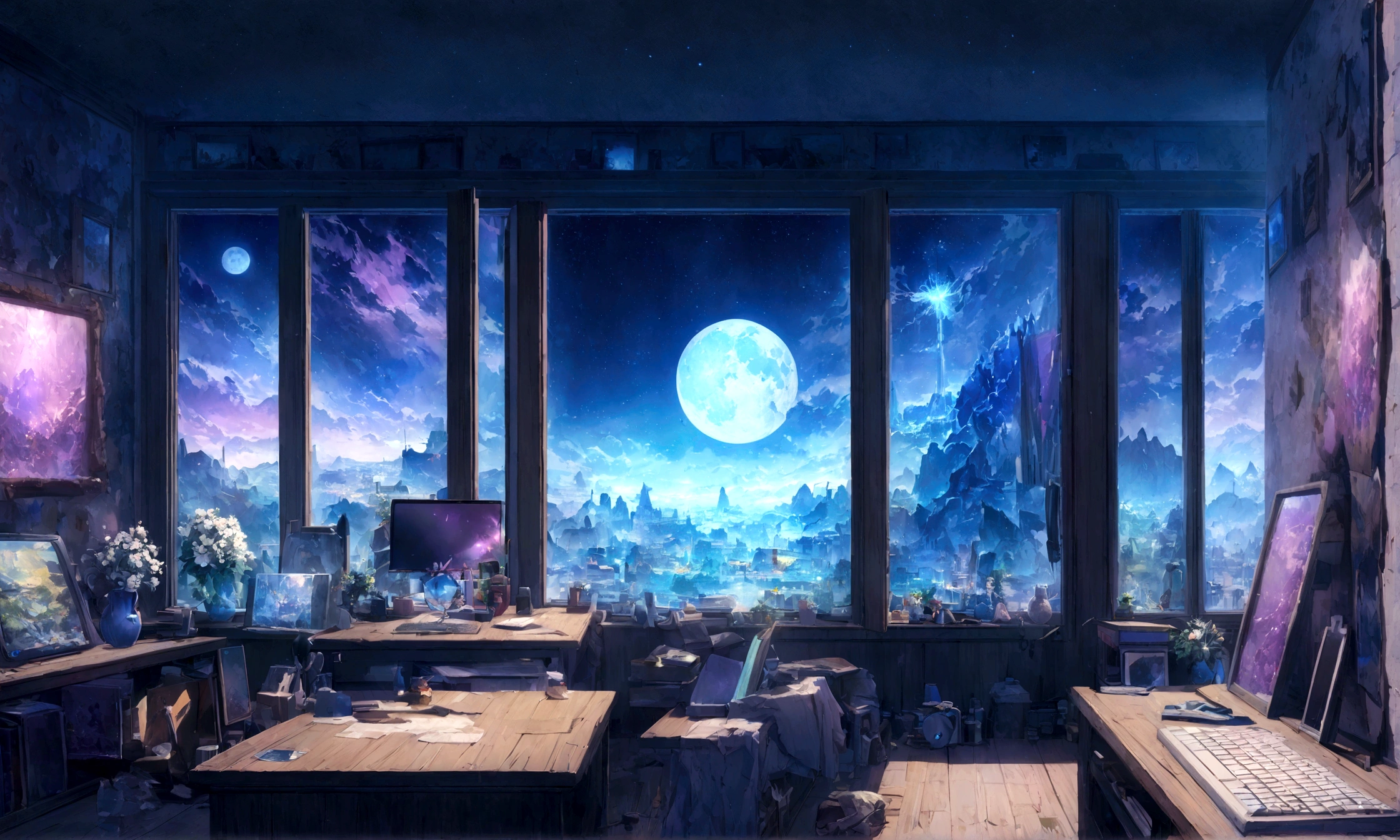 on the desk、No people、Tablet、liquid crystal、moon、PC Monitor、liquid crystalTablet、smartphone、wall、Dark atmosphere、Blue Neon、Blue Star、keyboard、Vocal Microphone、headphone、Large windows、scenery、white flowers and a laptop on a desk in front of a window, a digital painting inspired by Uragami Gyokudō, pixiv contest winner, magical realism, magic lab background, magical background, background art, personal room background, random background scene, anime background art, cozy cafe background, fairy tale style background, background artwork, mobile game background
