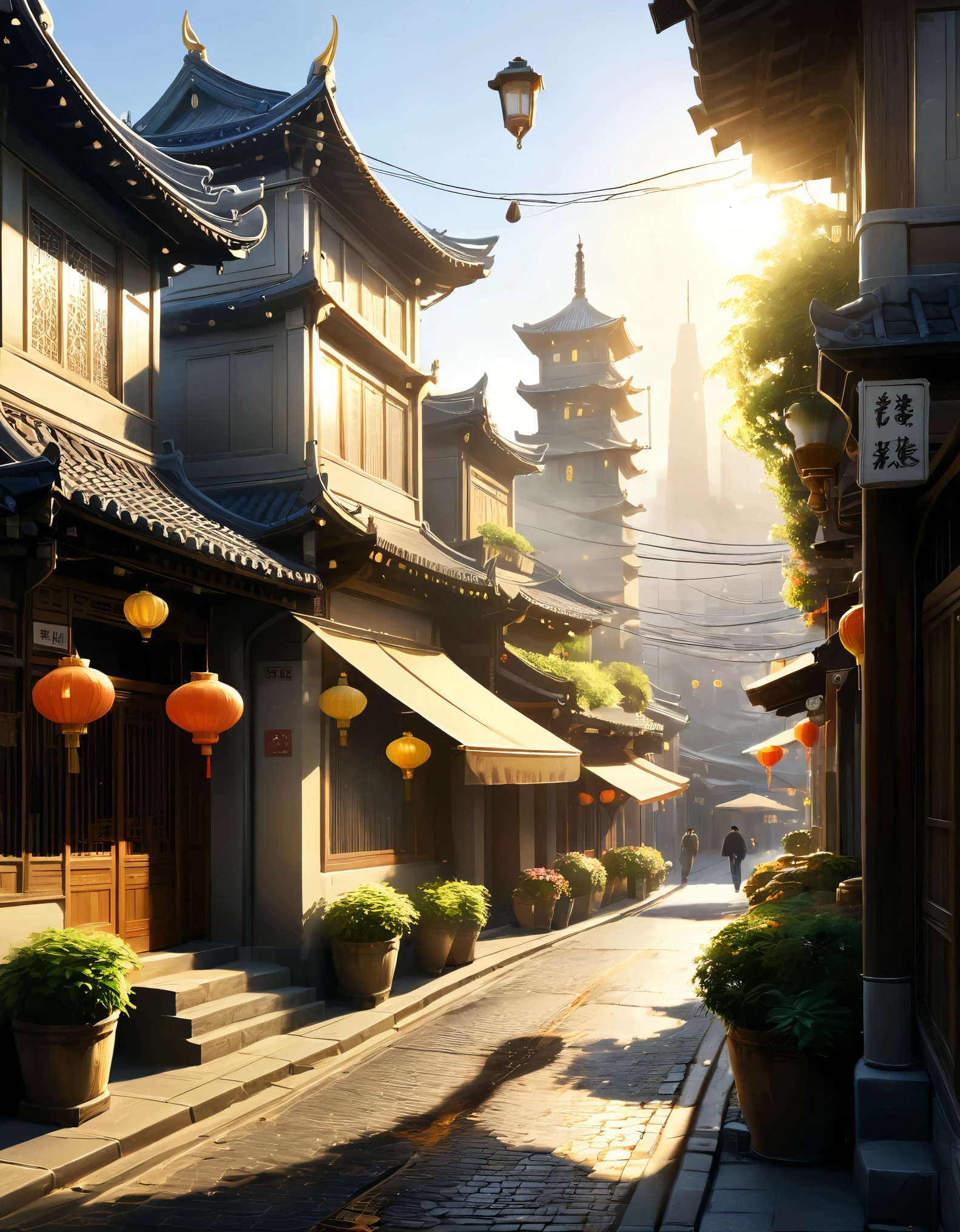 Create a highly detailed and picturesque image of a traditional Asian street scene bathed in warm sunlight. The scene should feature classic wooden buildings with intricate architectural details, extending along both sides of a cobblestone street. The street is bustling with activity, with people walking and engaging in various activities.
The background features rolling hills and a tall clock tower partially shrouded in morning mist, adding depth to the composition. The sunlight filters through the scene, casting a golden glow and long shadows across the street. Include elements like potted plants, hanging lanterns, and street vendors with colorful umbrellas. Ensure the scene has a harmonious blend of natural and architectural beauty, capturing a serene yet lively atmosphere. Ultra realistic, vibrant colors, 16k