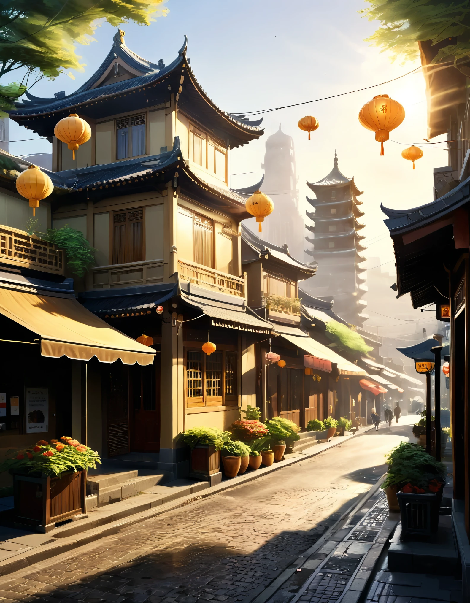 Create a highly detailed and picturesque image of a traditional Asian street scene bathed in warm sunlight. The scene should feature classic wooden buildings with intricate architectural details, extending along both sides of a cobblestone street. The street is bustling with activity, with people walking and engaging in various activities.
The background features rolling hills and a tall clock tower partially shrouded in morning mist, adding depth to the composition. The sunlight filters through the scene, casting a golden glow and long shadows across the street. Include elements like potted plants, hanging lanterns, and street vendors with colorful umbrellas. Ensure the scene has a harmonious blend of natural and architectural beauty, capturing a serene yet lively atmosphere. Ultra realistic, vibrant colors, 16k